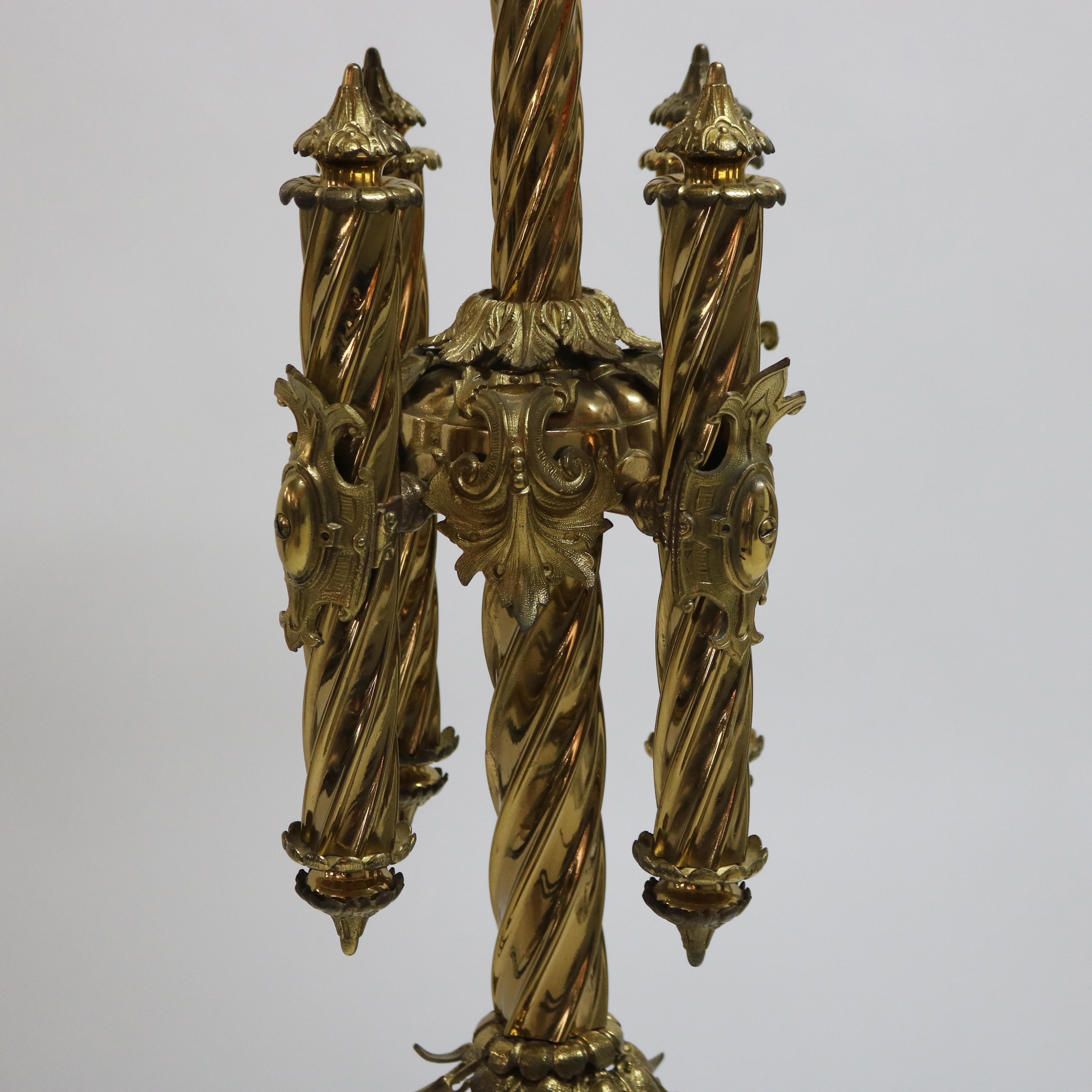 Antique Gothic Brass, Gilt Bronze & Cased Glass Figural Cherub Piano Lamp c1890 7