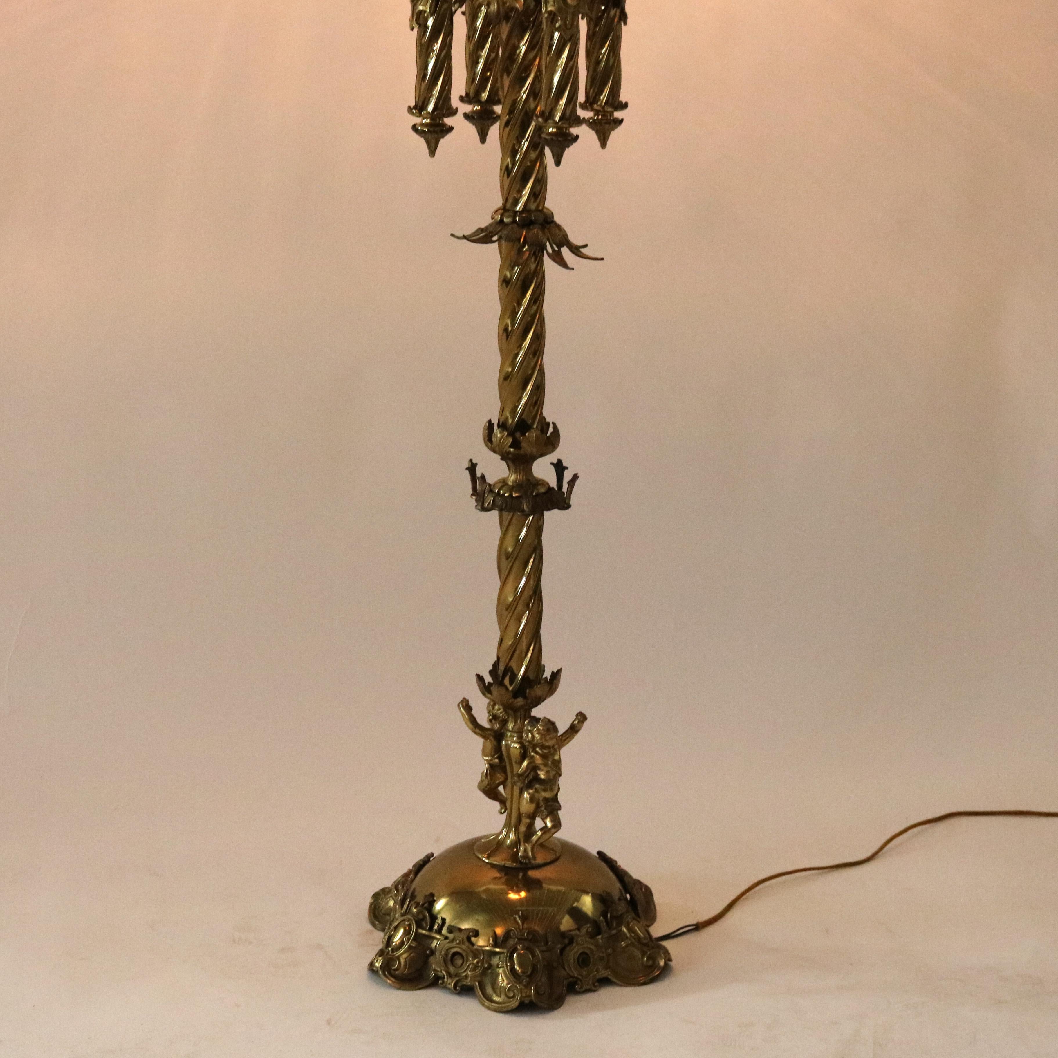 Antique Gothic Brass, Gilt Bronze & Cased Glass Figural Cherub Piano Lamp c1890 9