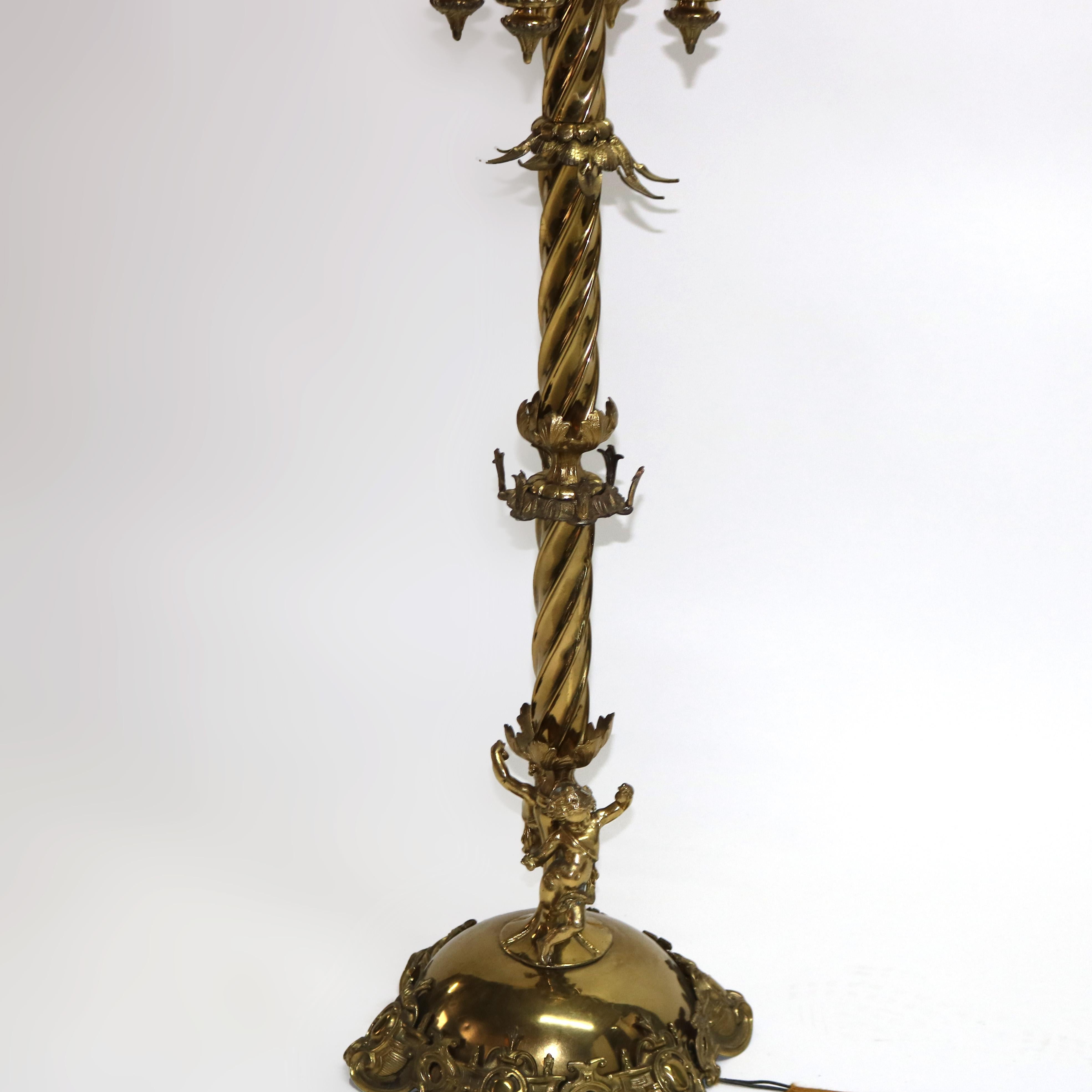Antique Gothic Brass, Gilt Bronze & Cased Glass Figural Cherub Piano Lamp c1890 10