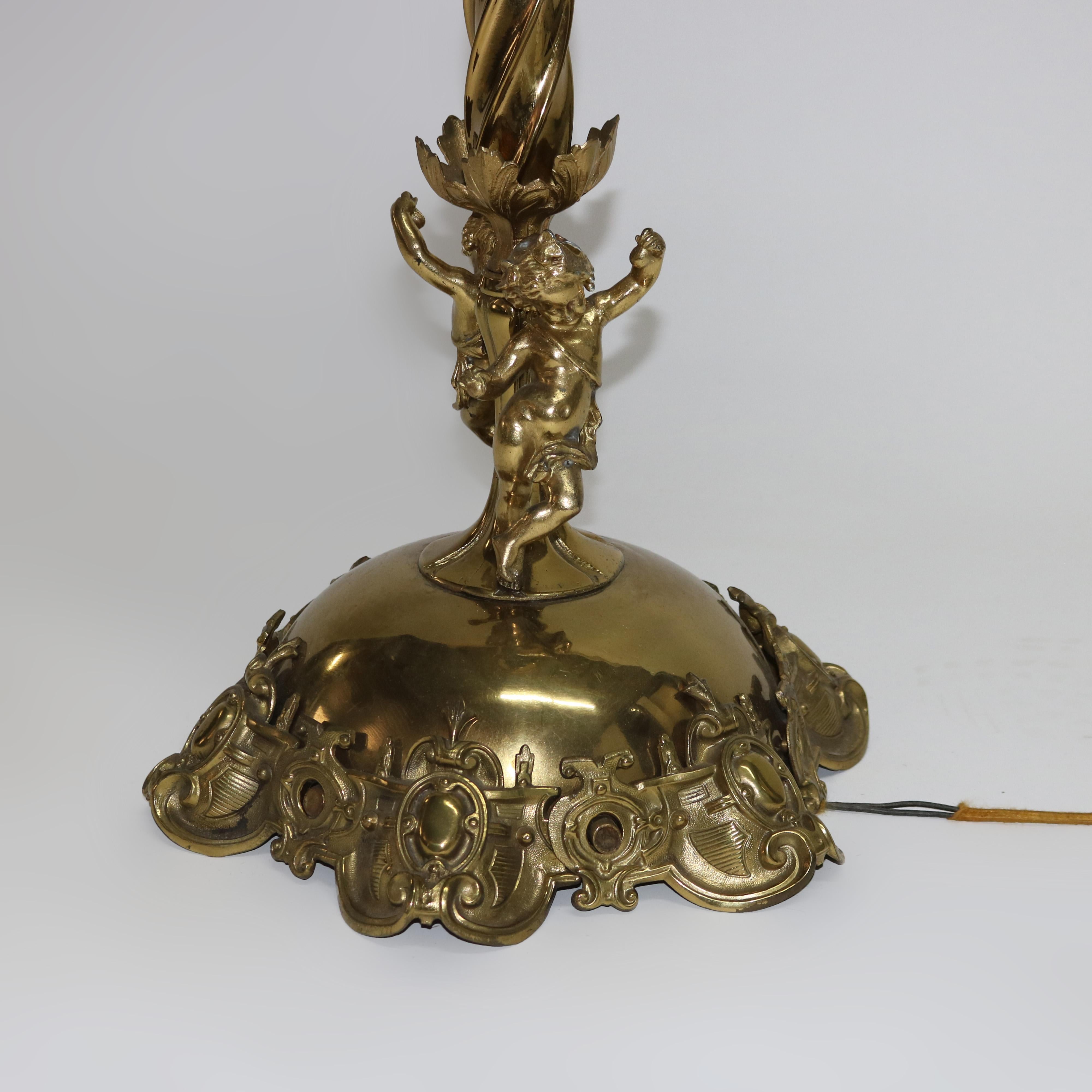 Antique Gothic Brass, Gilt Bronze & Cased Glass Figural Cherub Piano Lamp c1890 12