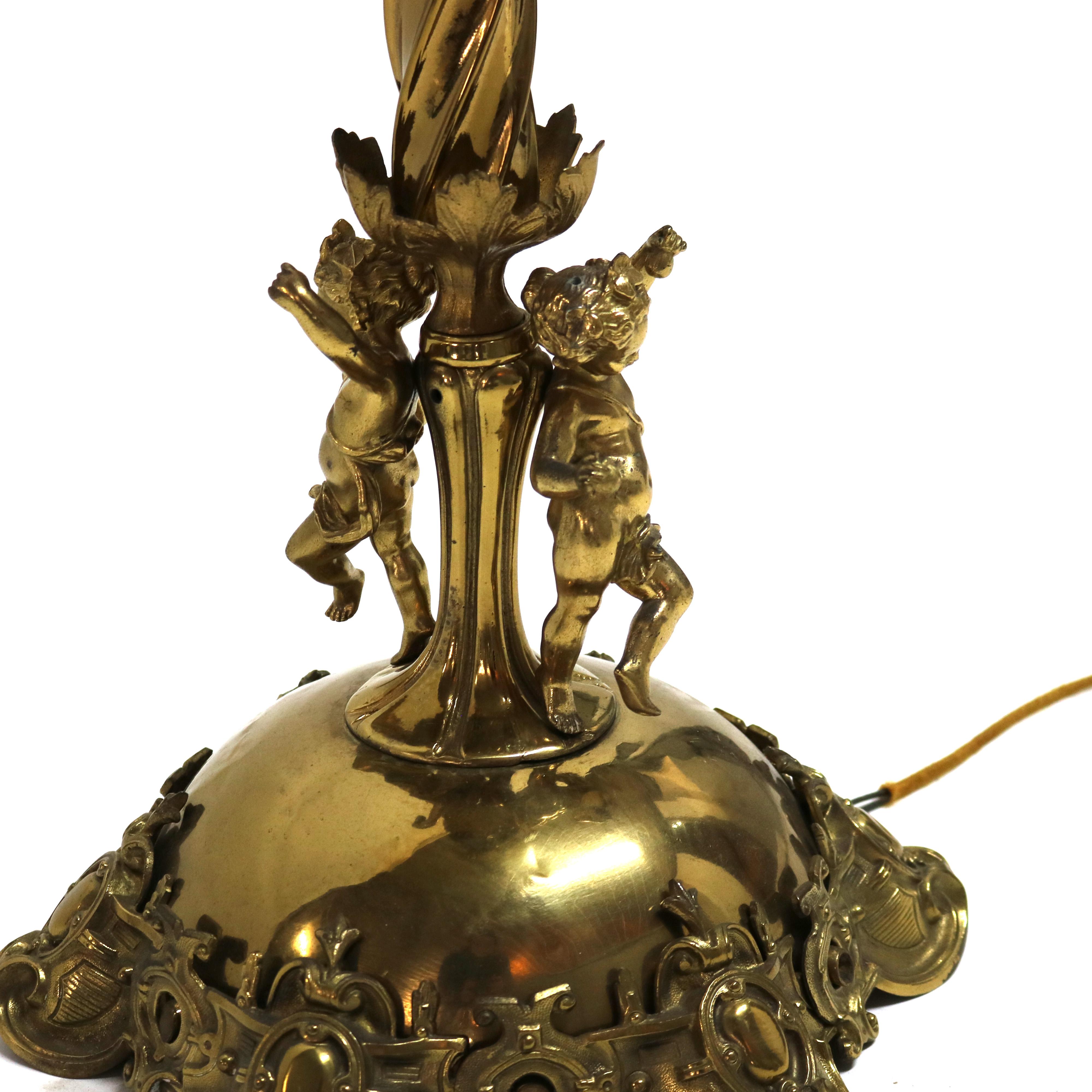 Antique Gothic Brass, Gilt Bronze & Cased Glass Figural Cherub Piano Lamp c1890 13