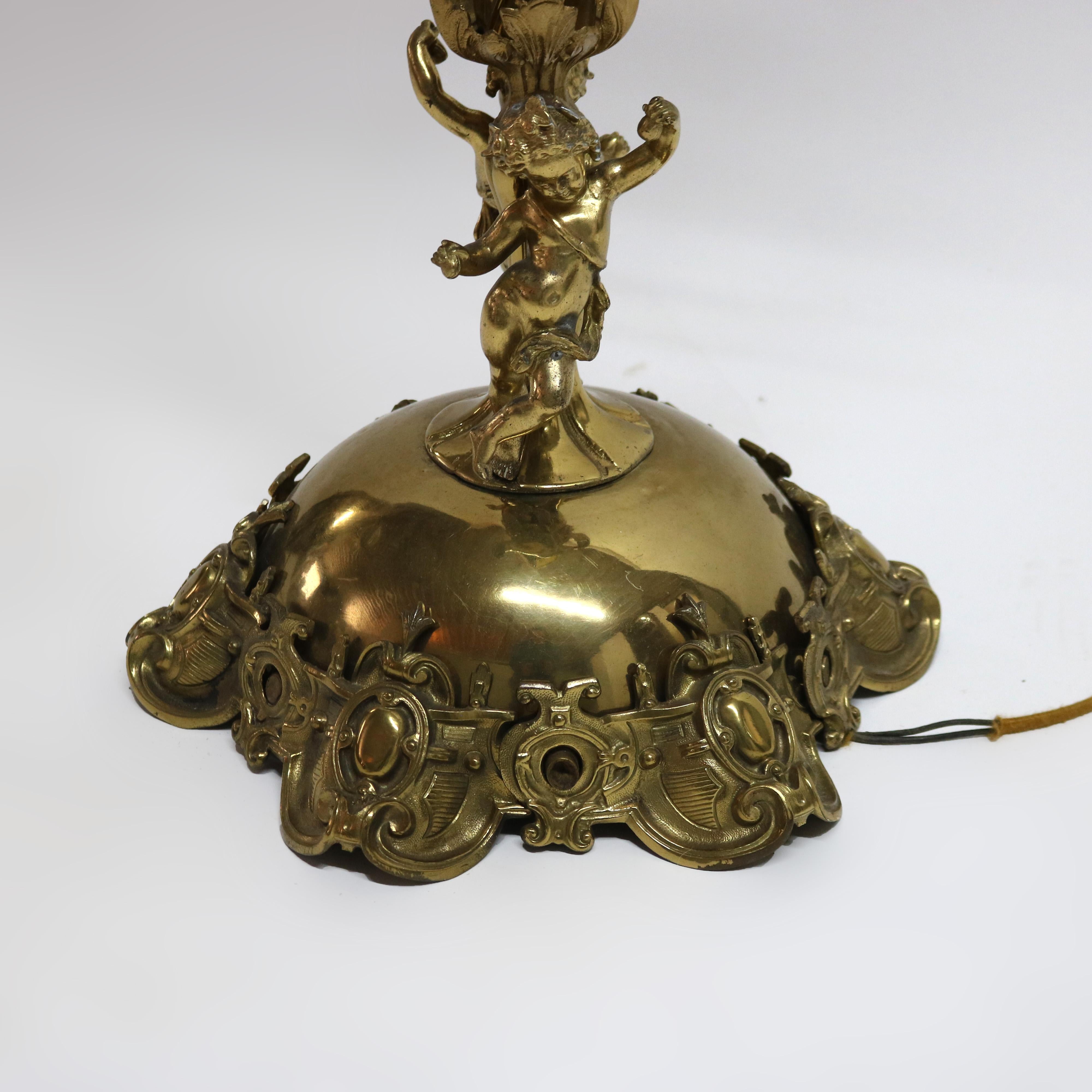 Antique Gothic Brass, Gilt Bronze & Cased Glass Figural Cherub Piano Lamp c1890 14
