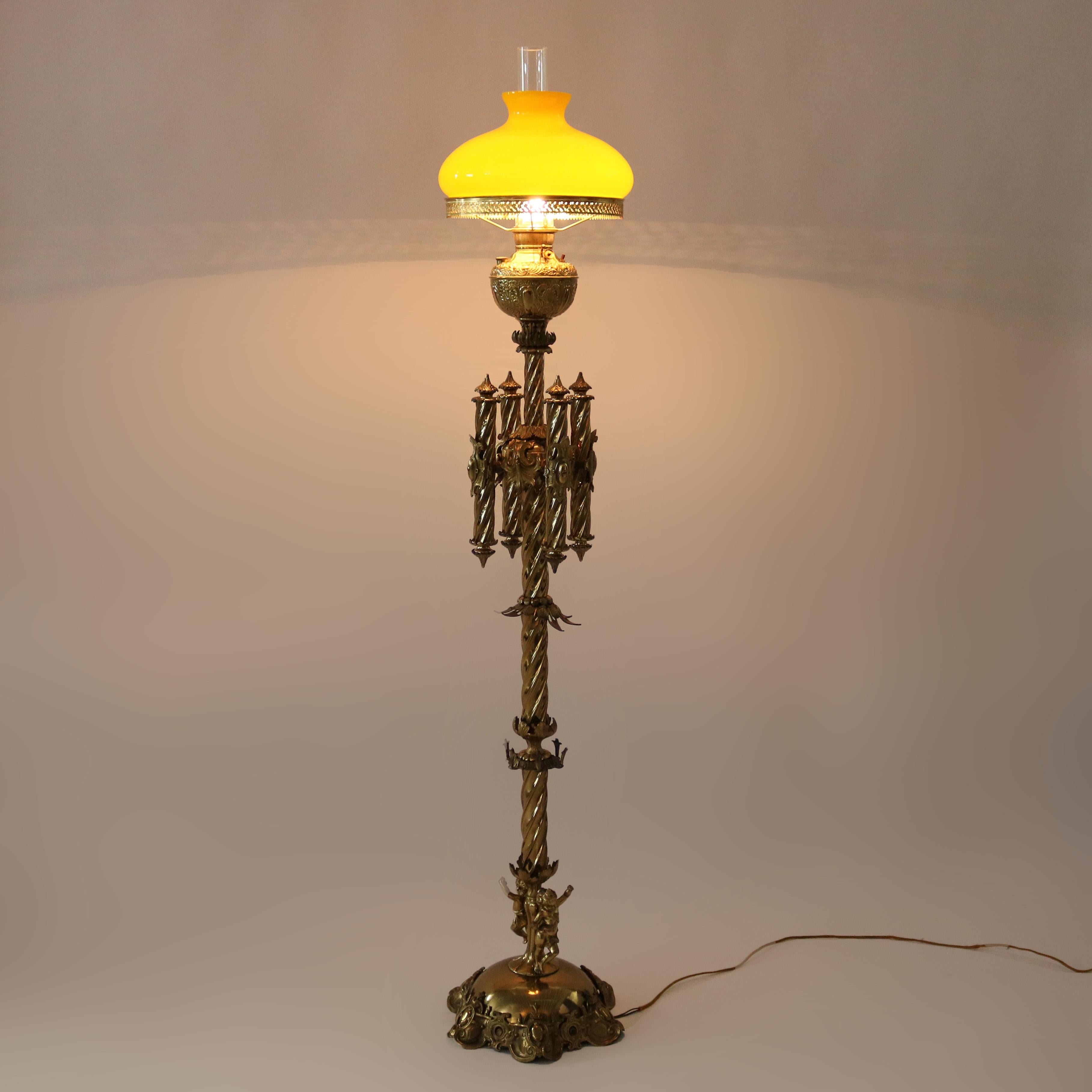 ***Reduced In-House Delivery Rates - Click on “Ask Seller” to Request a Quote***

Antique Gothic Brass, Gilt Bronze & Yellow Cased Glass Figural Cherub Piano Lamp  with Rope Twist Column c1890

Measures- 70.25