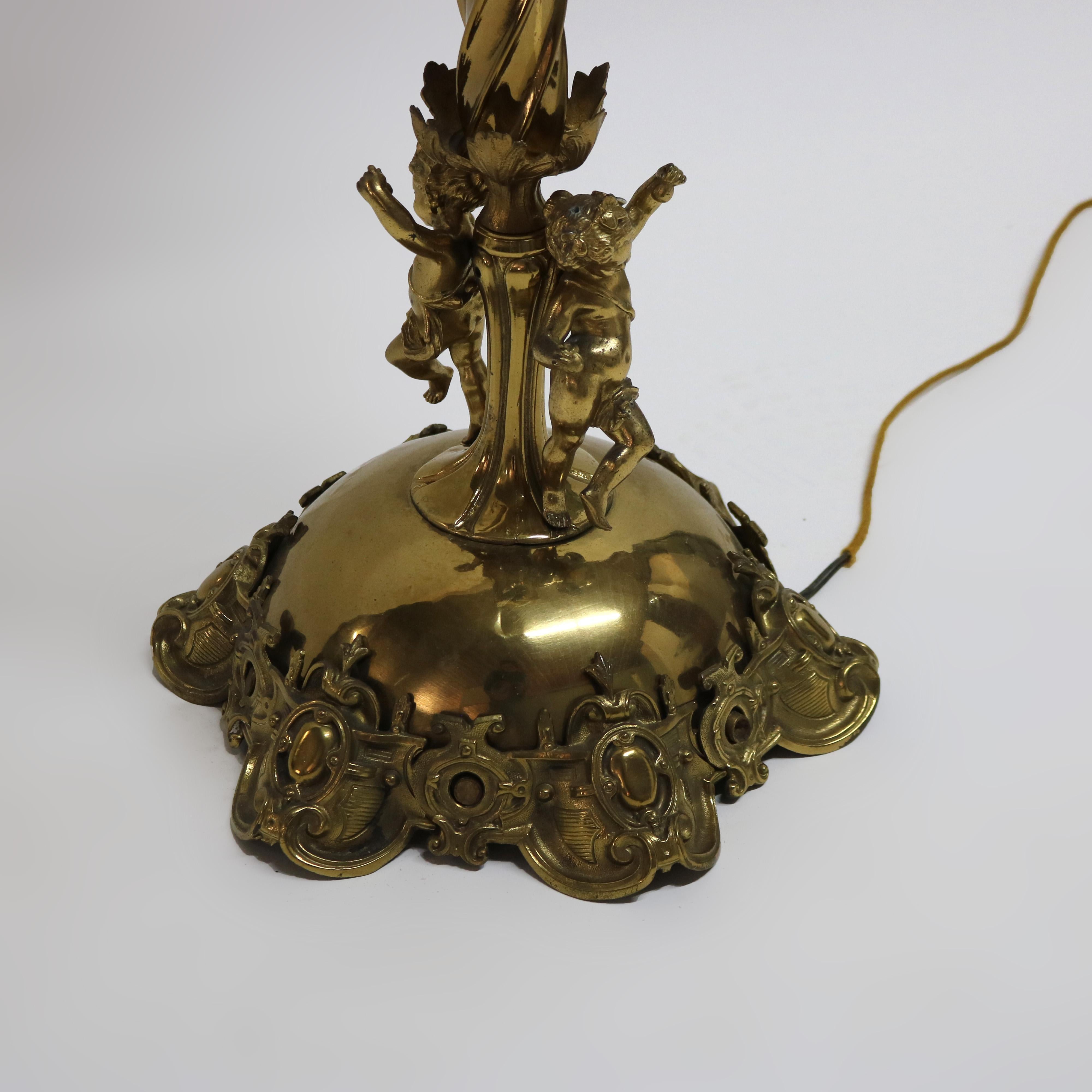 Antique Gothic Brass, Gilt Bronze & Cased Glass Figural Cherub Piano Lamp c1890 15
