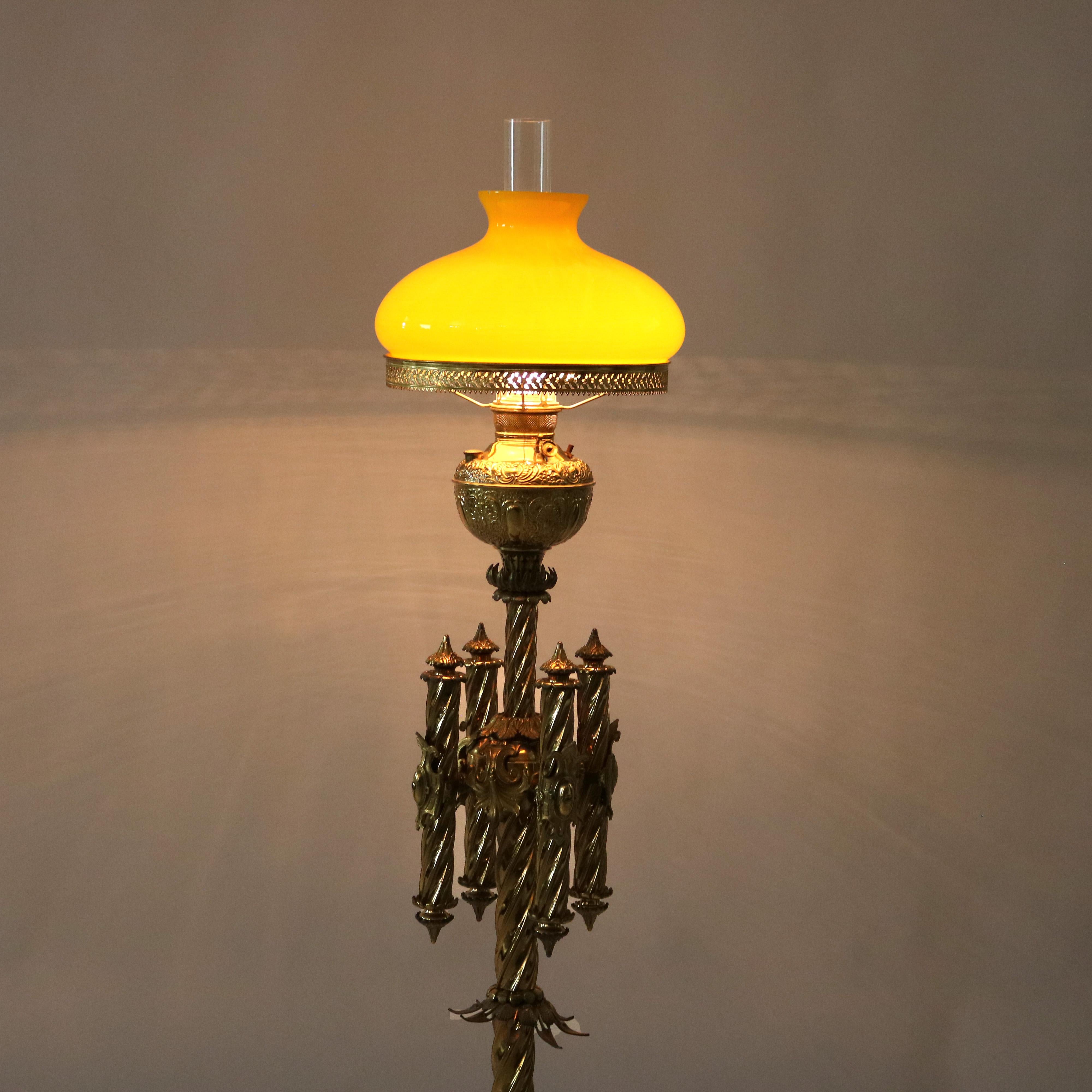 American Antique Gothic Brass, Gilt Bronze & Cased Glass Figural Cherub Piano Lamp c1890