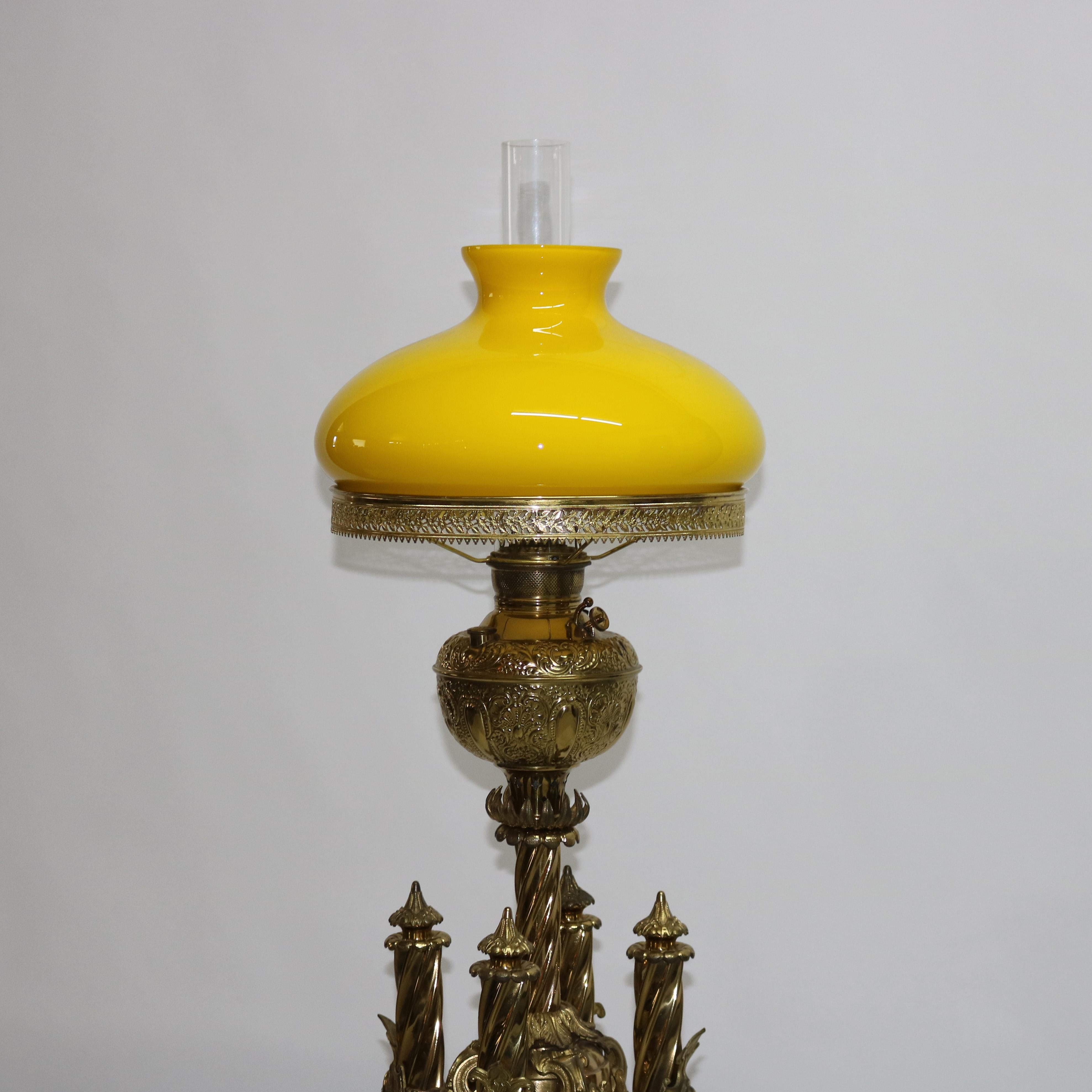 Antique Gothic Brass, Gilt Bronze & Cased Glass Figural Cherub Piano Lamp c1890 In Good Condition In Big Flats, NY
