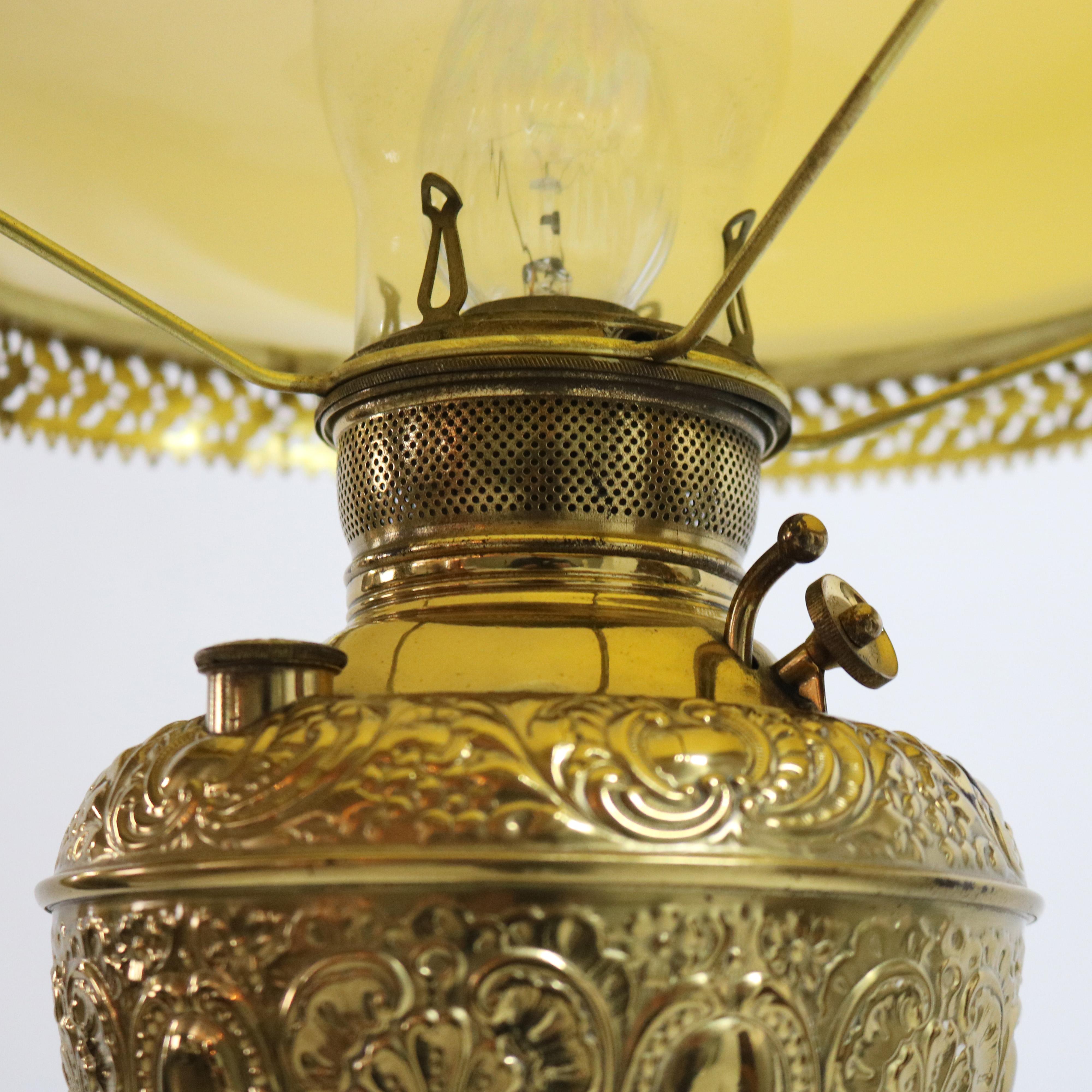 19th Century Antique Gothic Brass, Gilt Bronze & Cased Glass Figural Cherub Piano Lamp c1890