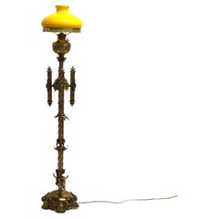 Antique Gothic Brass, Gilt Bronze & Cased Glass Figural Cherub Piano Lamp c1890