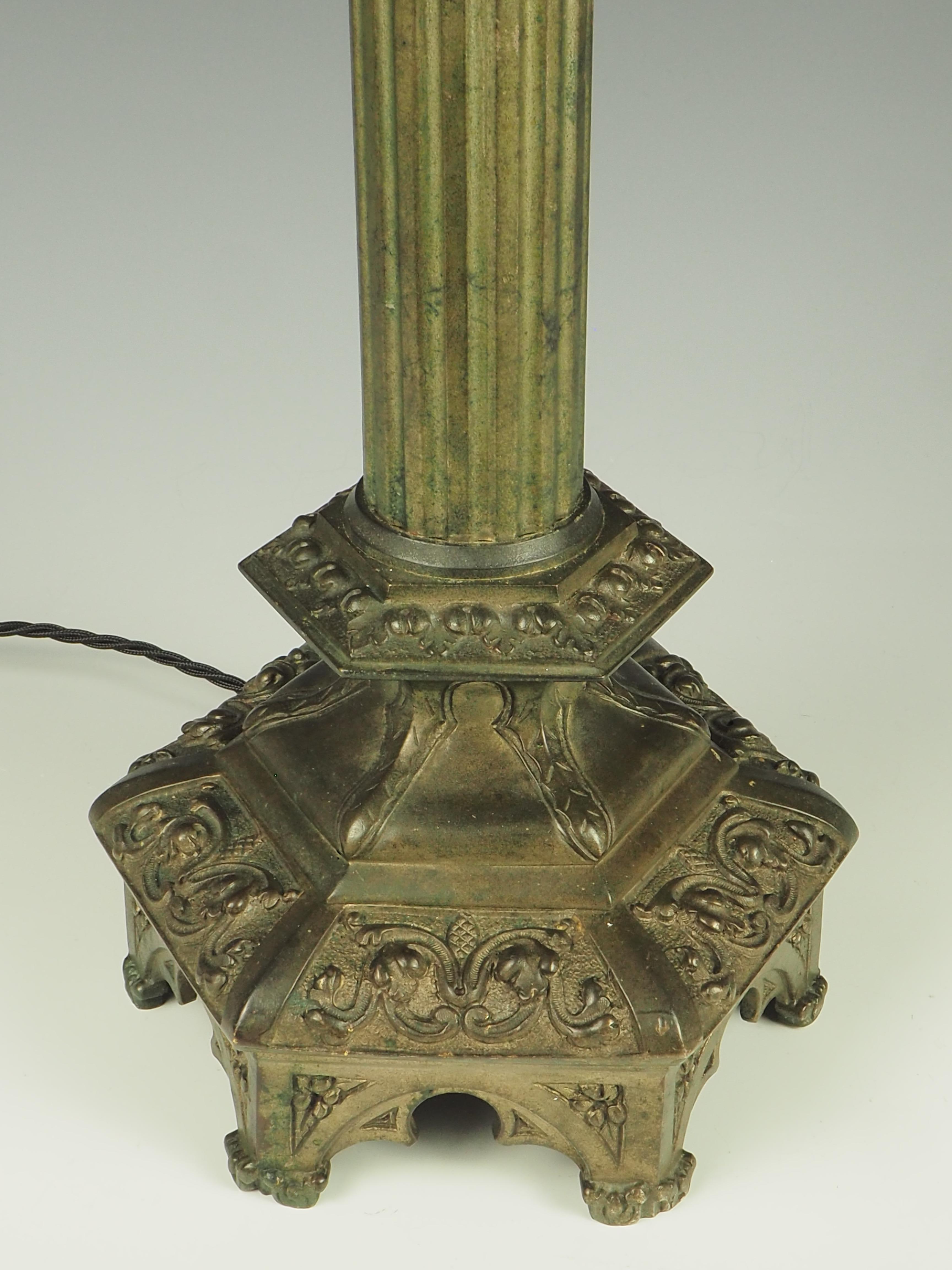 Antique Gothic Bronze Corinthian Column Table Lamp For Sale 4