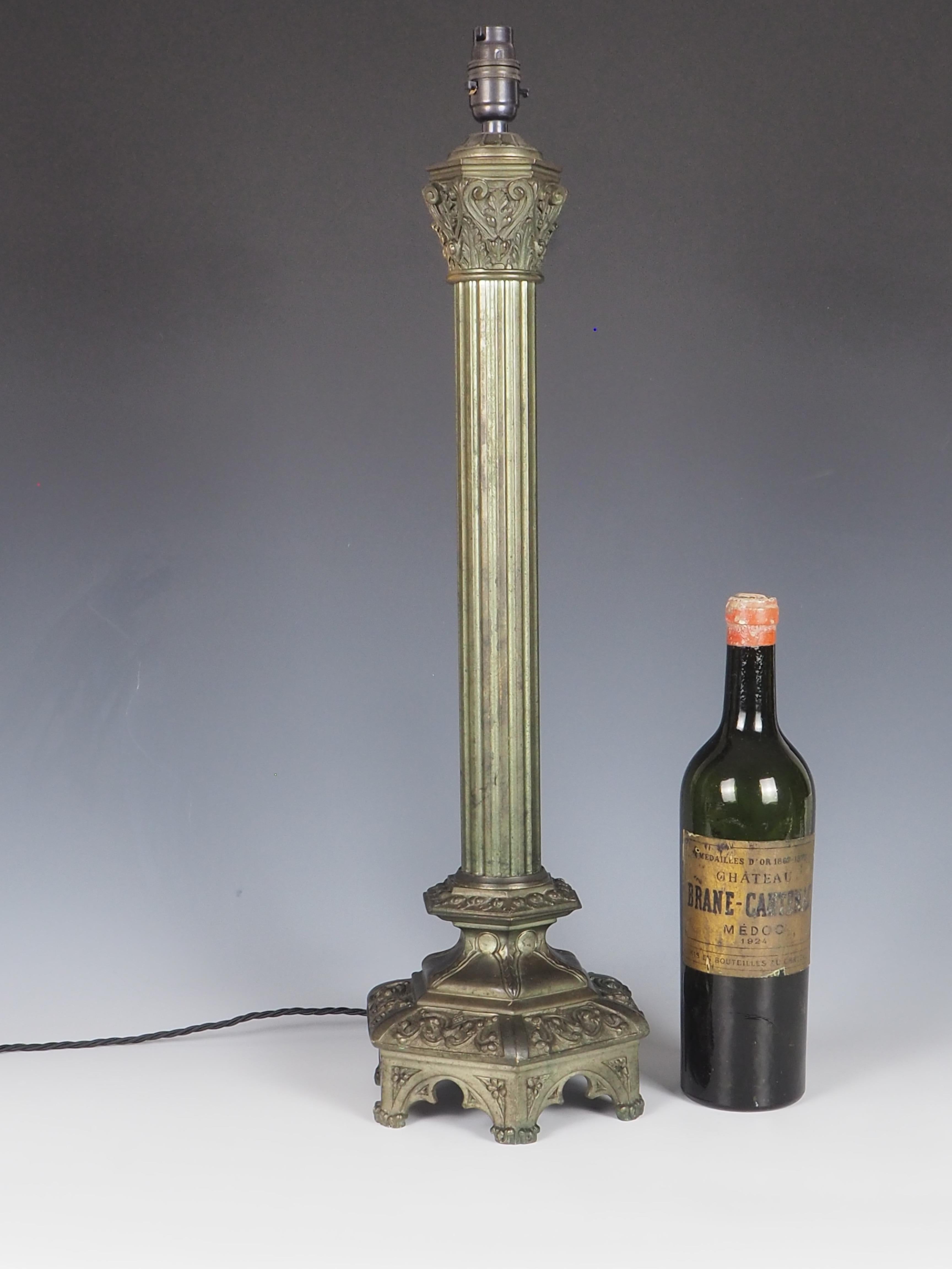 Gothic Revival Antique Gothic Bronze Corinthian Column Table Lamp For Sale