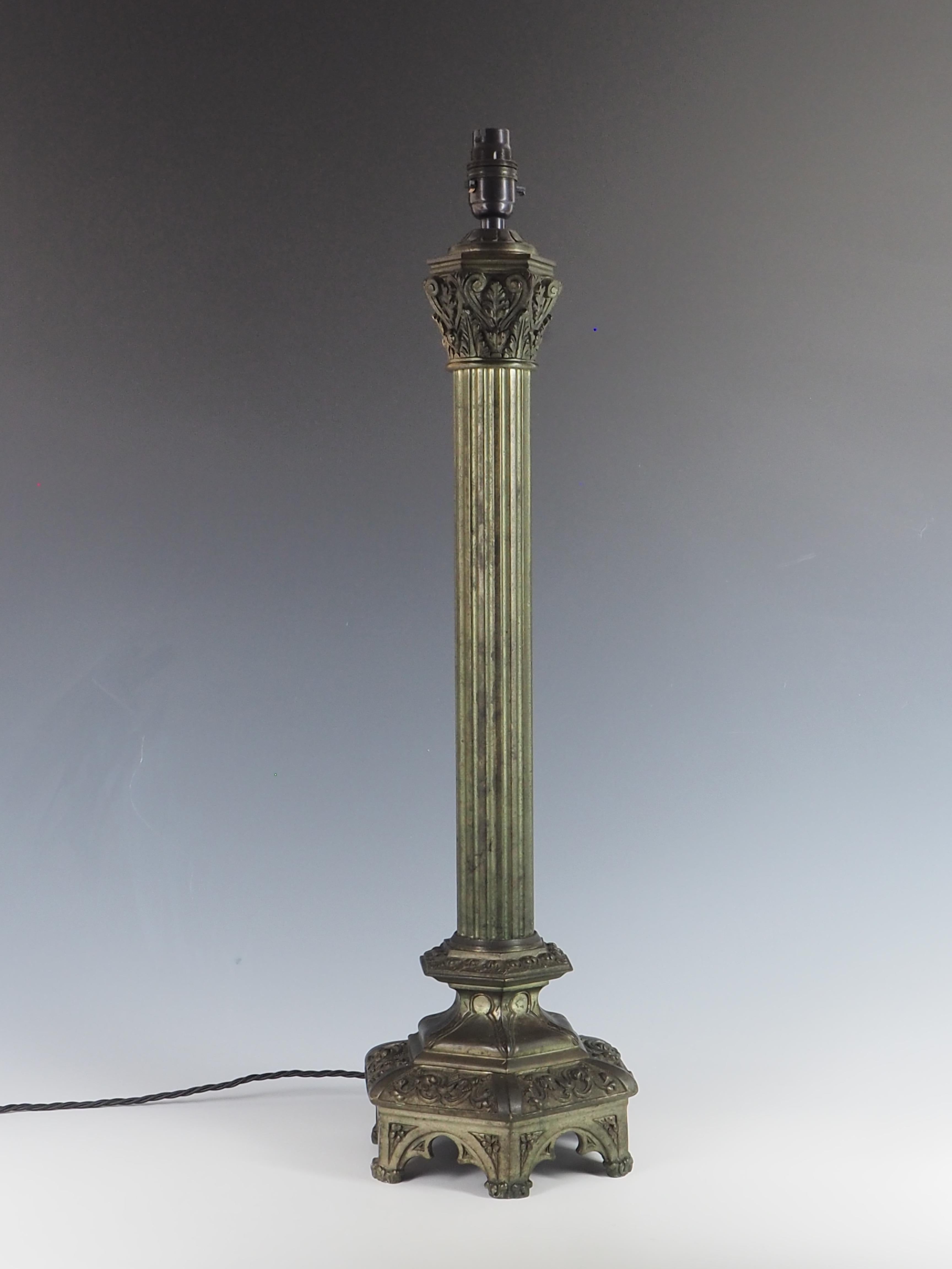 French Antique Gothic Bronze Corinthian Column Table Lamp For Sale