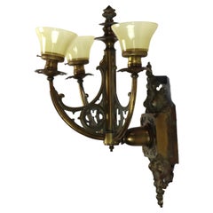 Antique Gothic Bronze Three-Light Wall Sconce with Yellow Art Glass Shades c1920