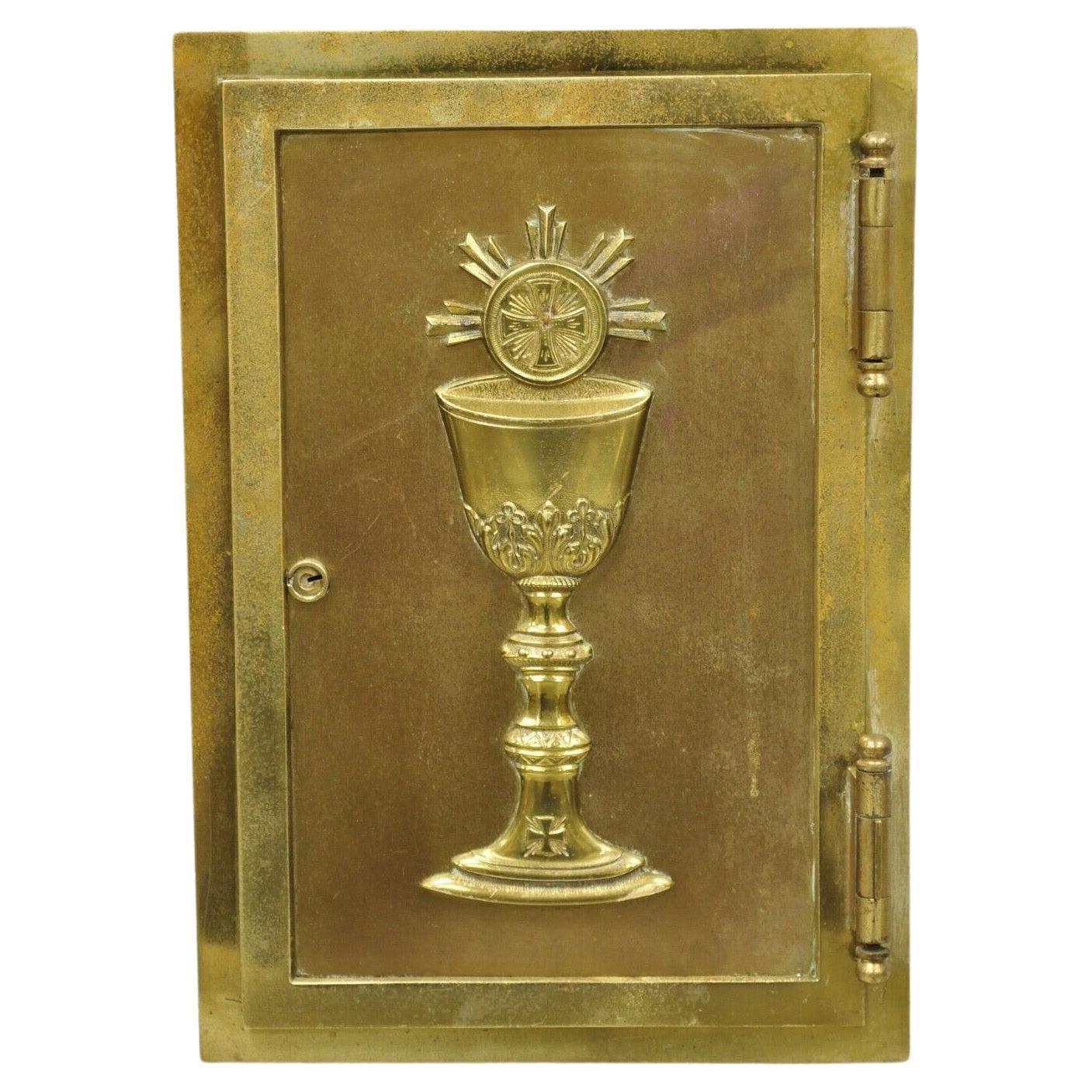 Antique Gothic Bronze Wall Hanging Altar Door Tabernacle with Chalice 'B' For Sale