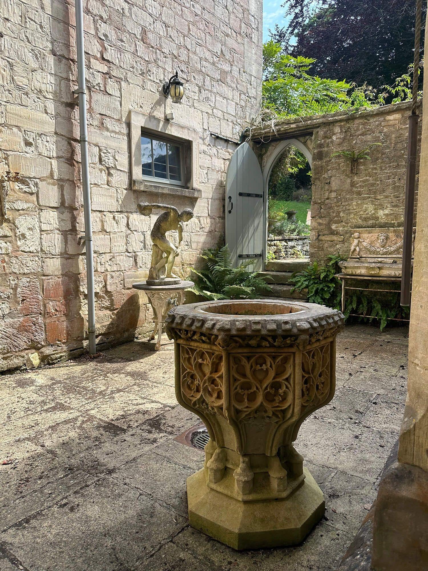 English Antique Gothic Carved Limestone Font For Sale