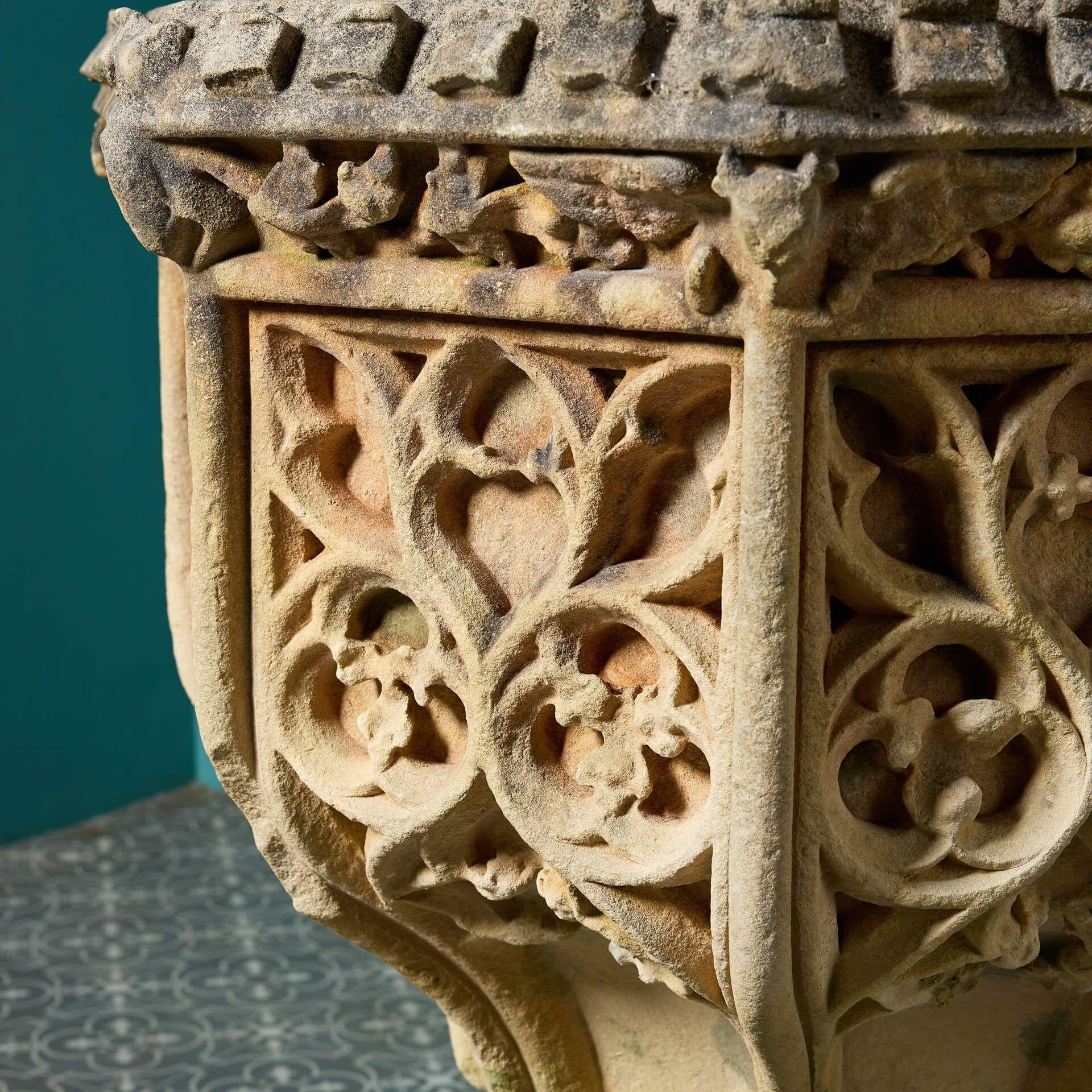 Hand-Carved Antique Gothic Carved Limestone Font For Sale