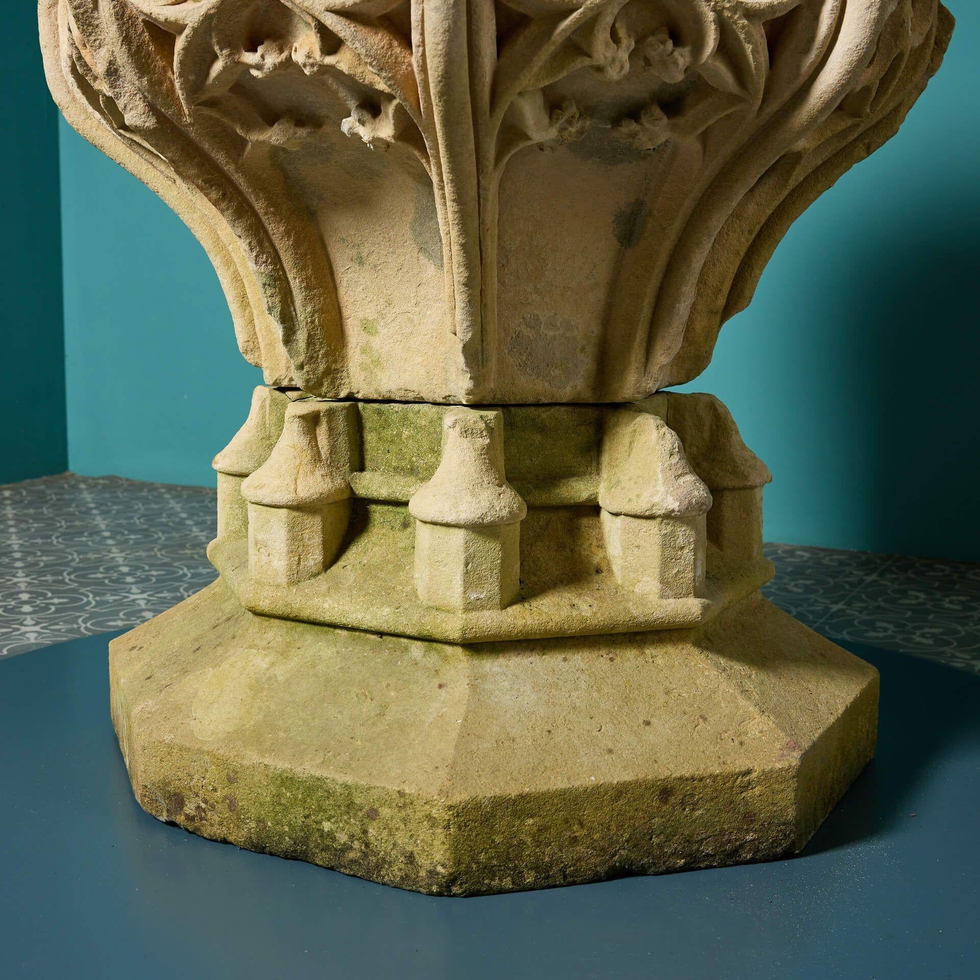 Antique Gothic Carved Limestone Font In Fair Condition For Sale In Wormelow, Herefordshire
