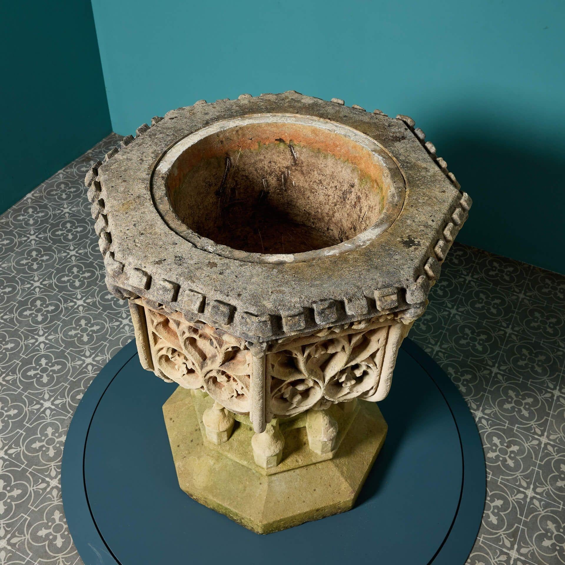 19th Century Antique Gothic Carved Limestone Font For Sale
