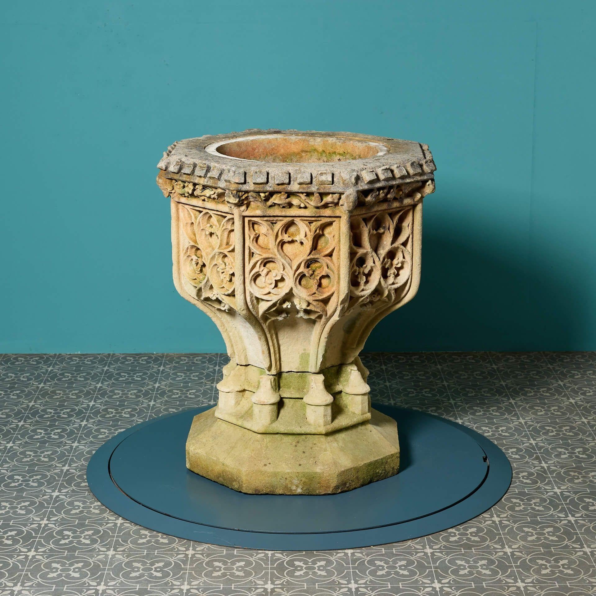 Antique Gothic Carved Limestone Font For Sale 1