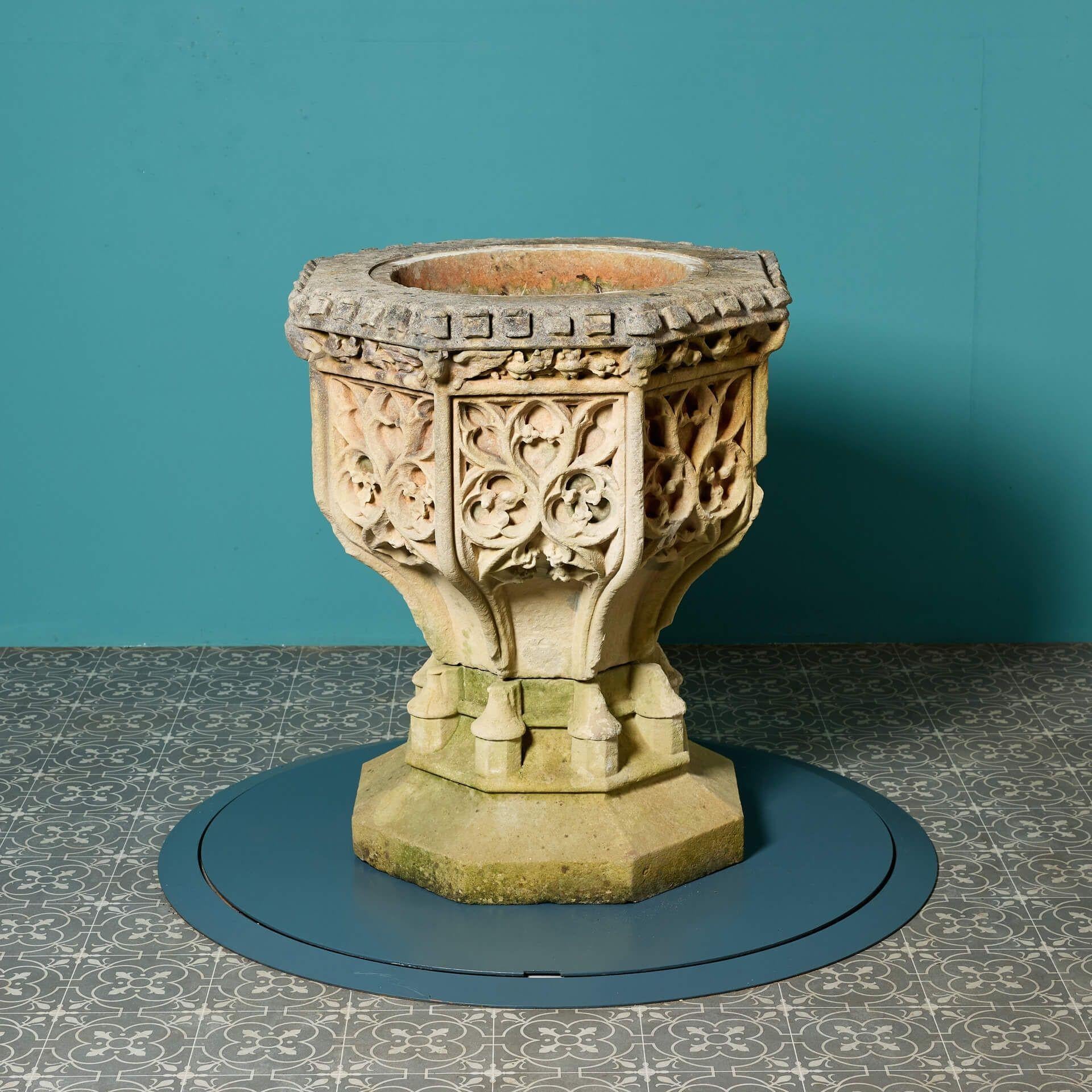 Antique Gothic Carved Limestone Font For Sale 2