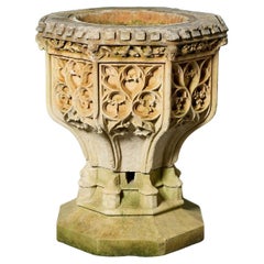 Antique Gothic Carved Limestone Font