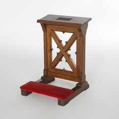 Antique Gothic Carved Oak Kneeling Bench with Velvet Pad 19th C