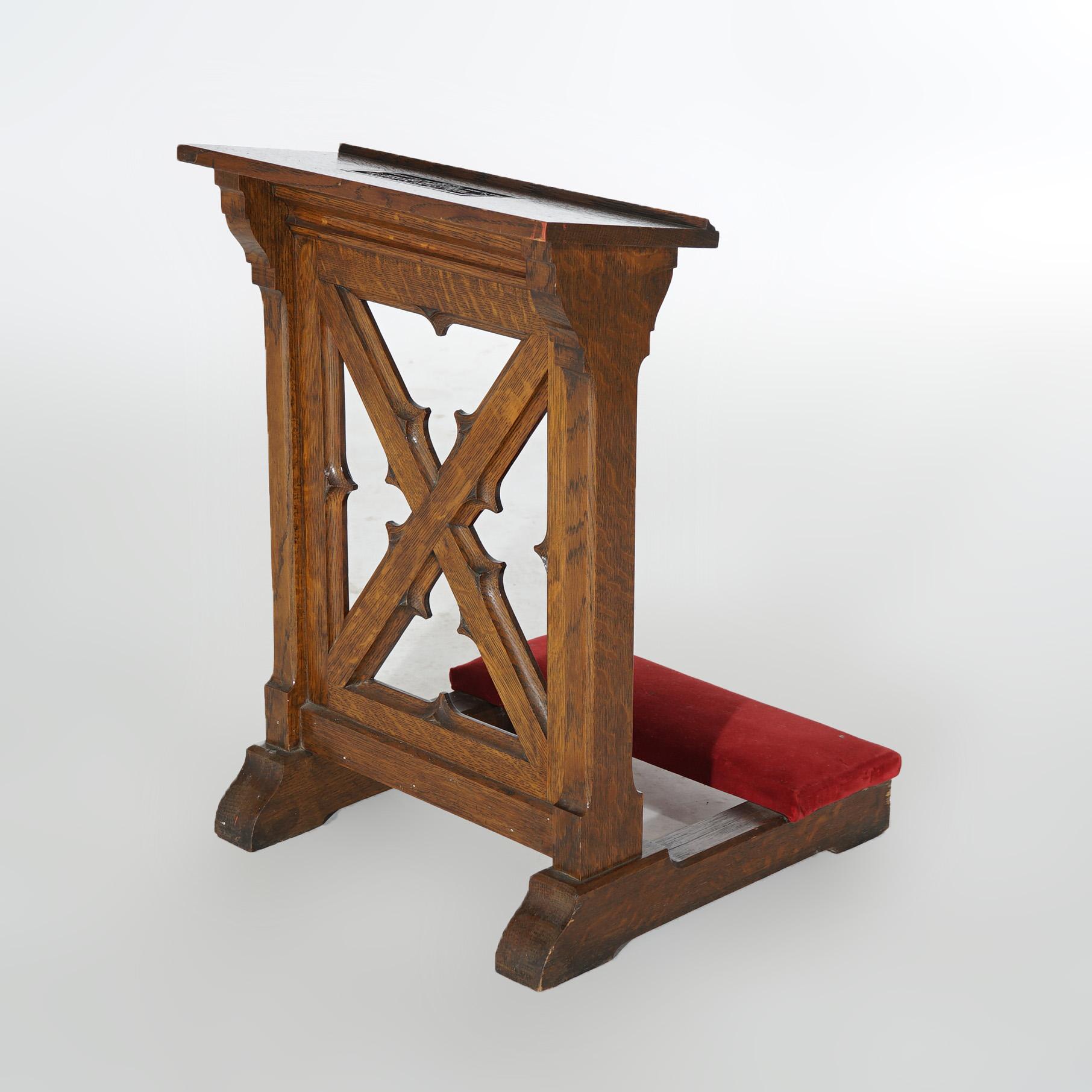 Gothic Revival Antique Gothic Carved Oak Kneeling Bench with Velvet Pad 19th C For Sale