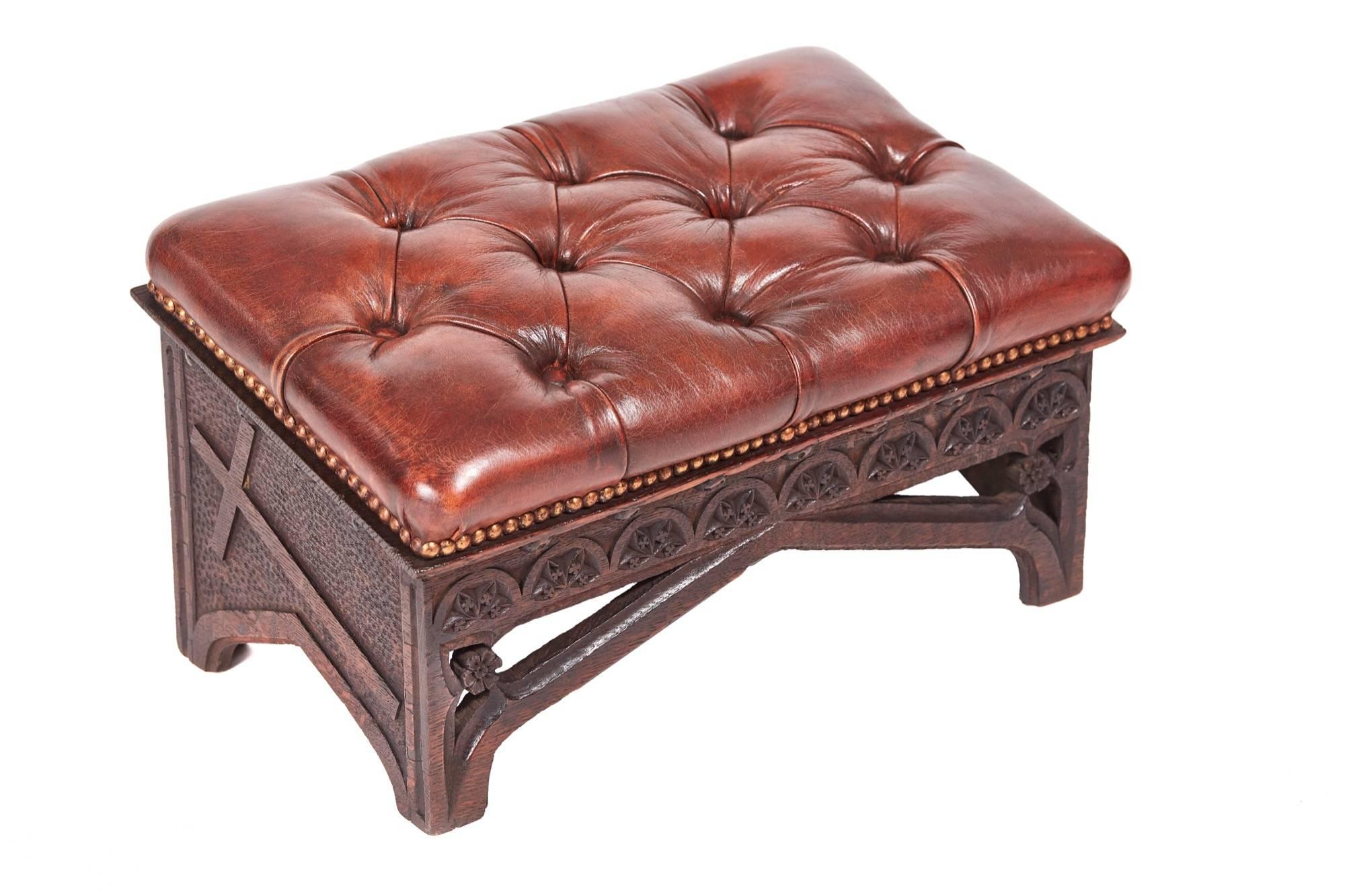 Antique Gothic carved oak prayer stool, with a deep buttoned chestnut colour leather top, fantastic Gothic carving to all sides’
Lovely colour and condition.
