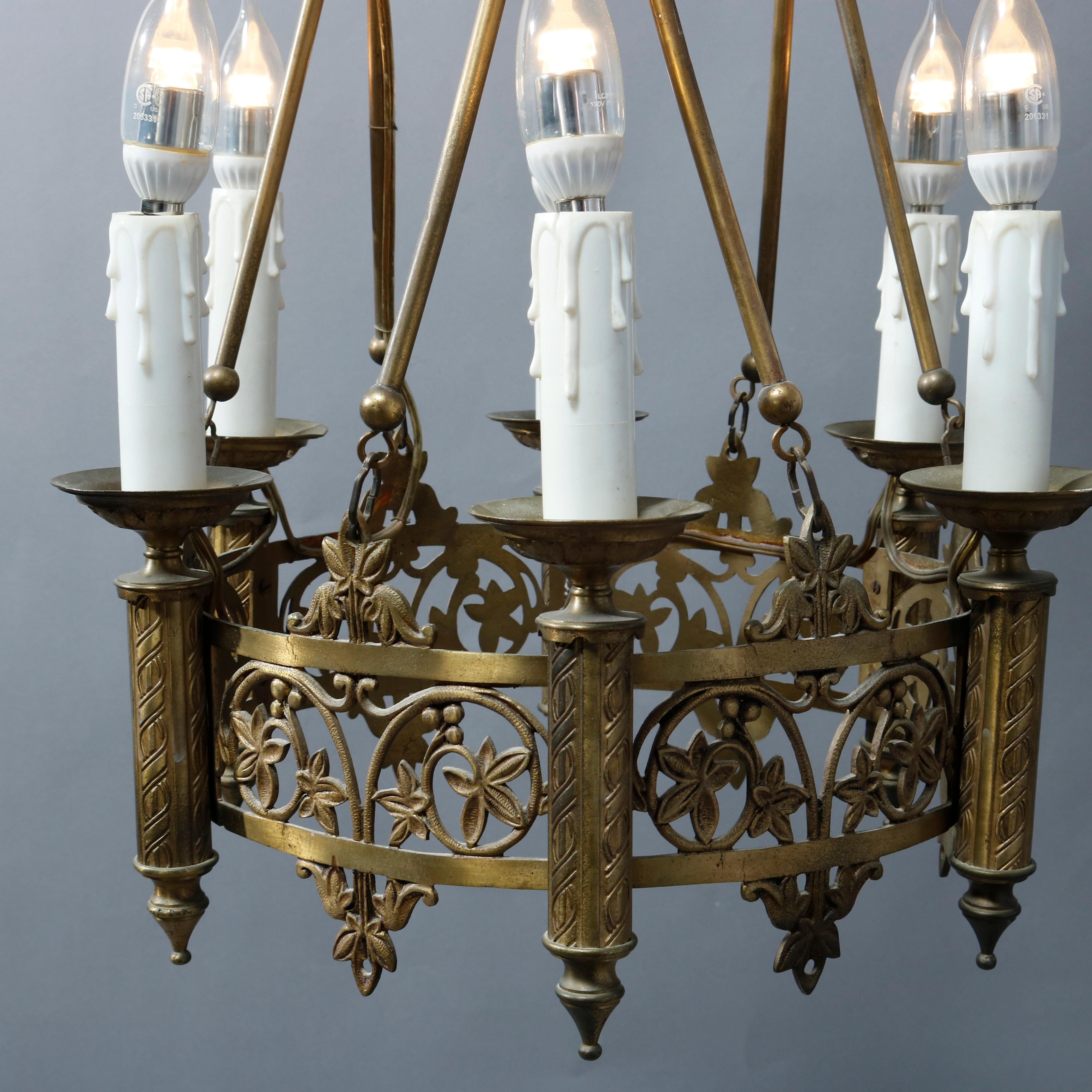 American Antique Gothic Cast Bronze Six-Light Hanging Chandelier, Circa 1900