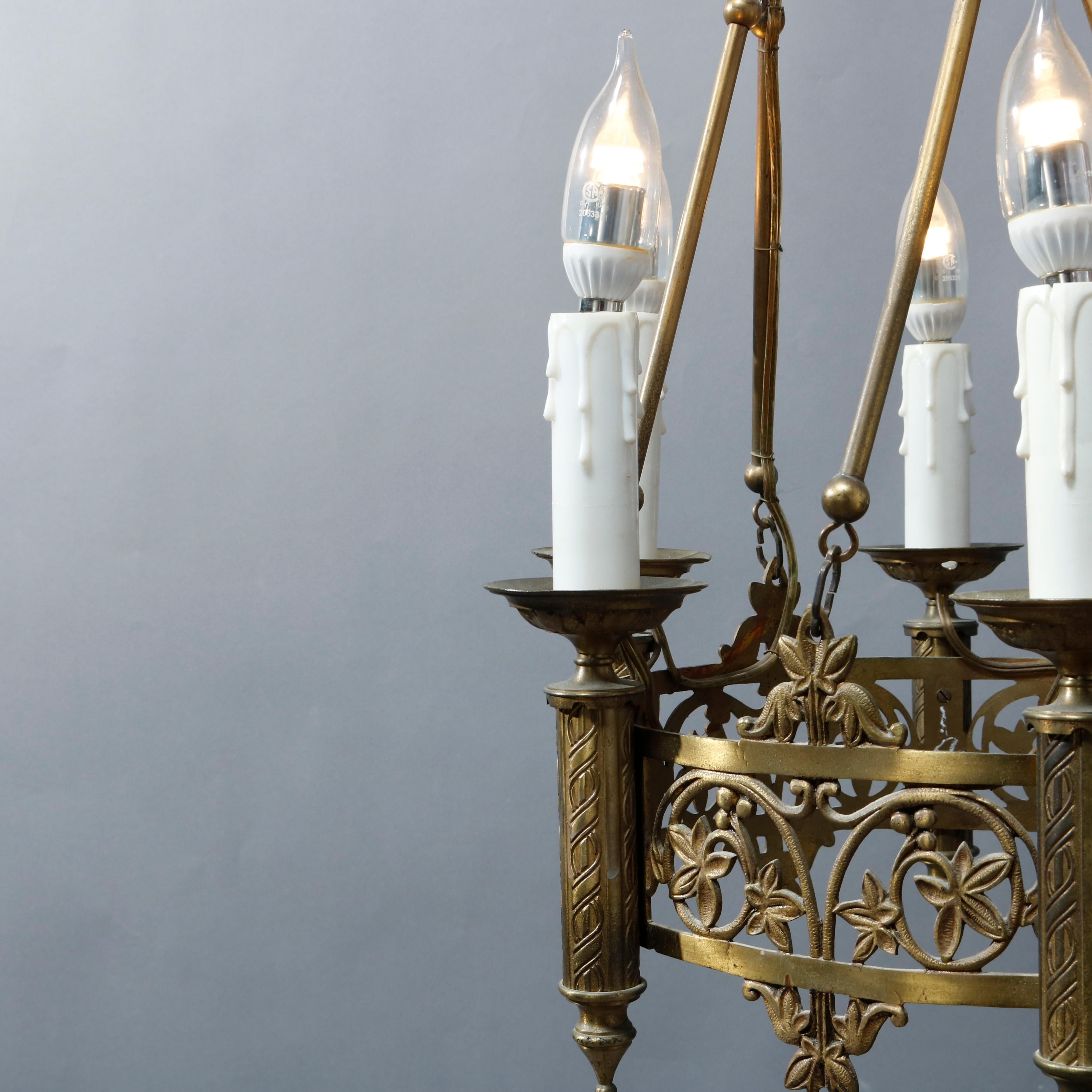 Antique Gothic Cast Bronze Six-Light Hanging Chandelier, Circa 1900 In Good Condition In Big Flats, NY
