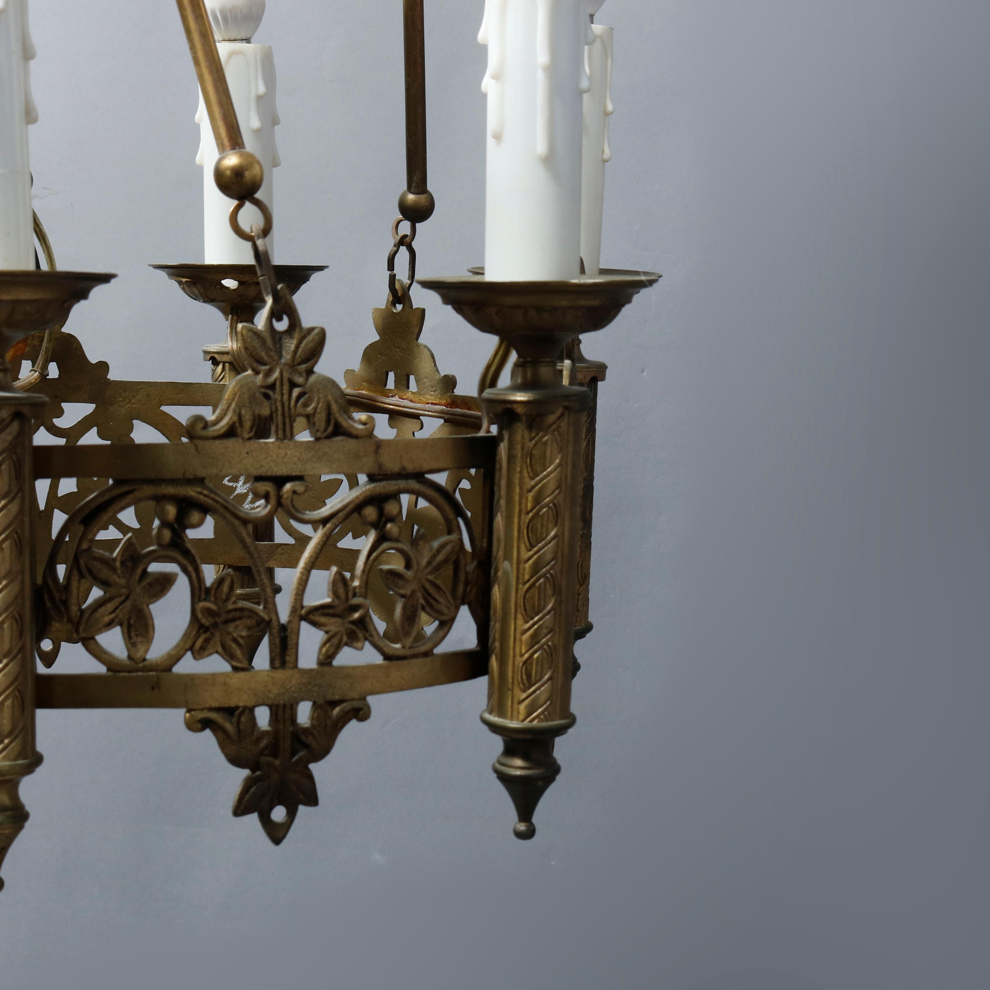 20th Century Antique Gothic Cast Bronze Six-Light Hanging Chandelier, Circa 1900