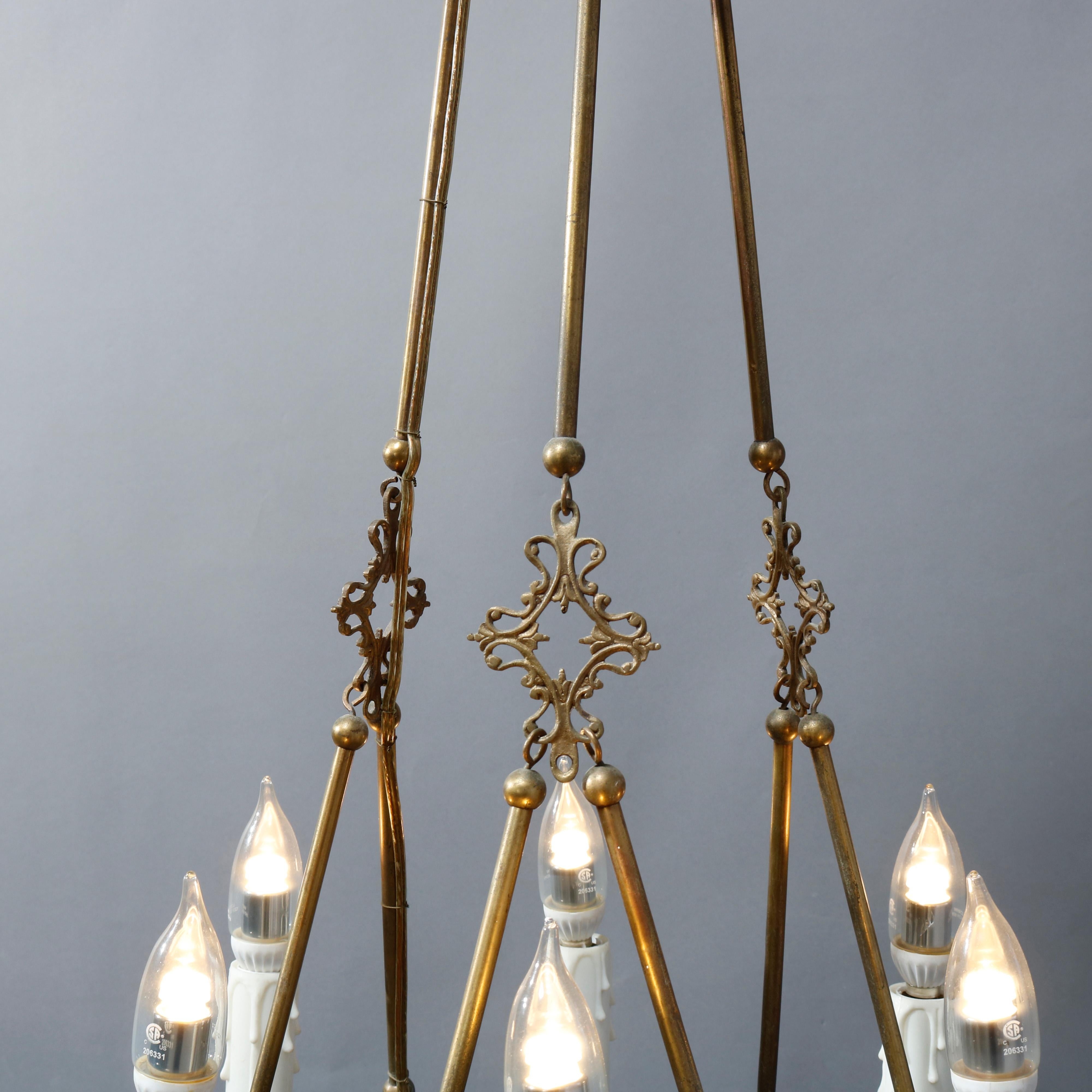 Glass Antique Gothic Cast Bronze Six-Light Hanging Chandelier, Circa 1900