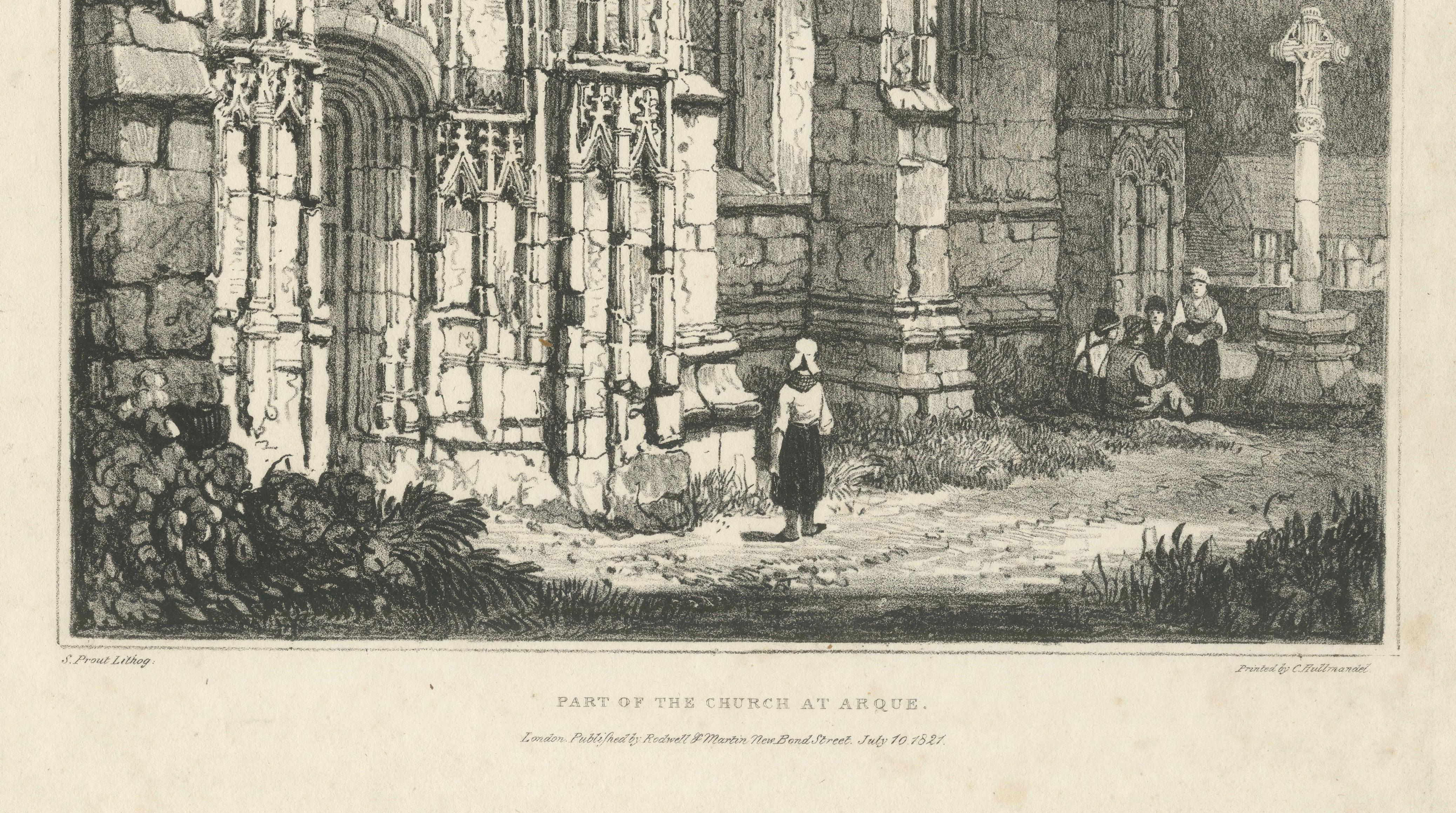 Antique Gothic Church Architecture Lithograph, Samuel Prout, Arques France, 1821