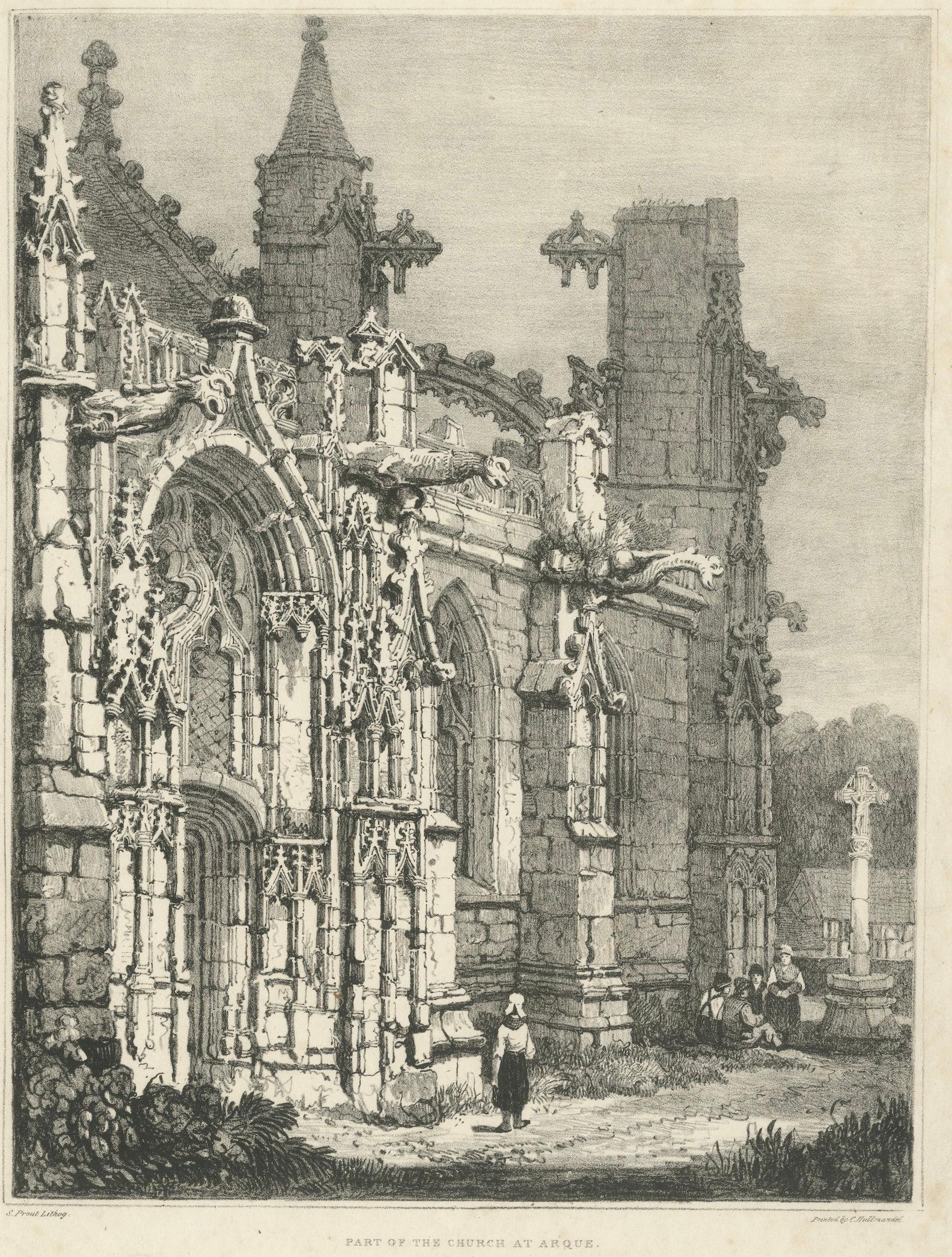 Antique Gothic Church Architecture Lithograph, Samuel Prout, Arques France, 1821