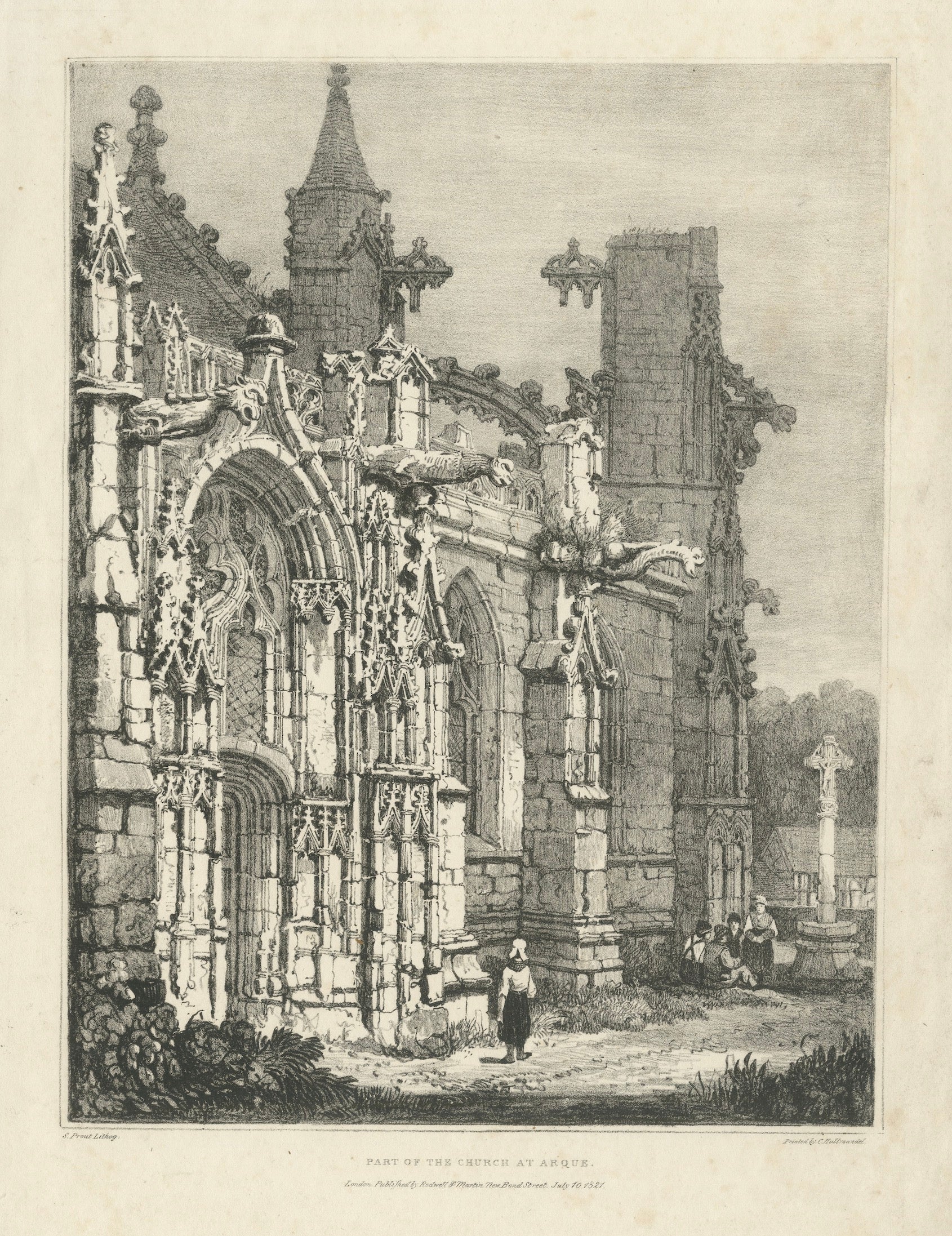 Antike gotische Church's Architektur Lithographie, Samuel Prout, Arques Frankreich, 1821
