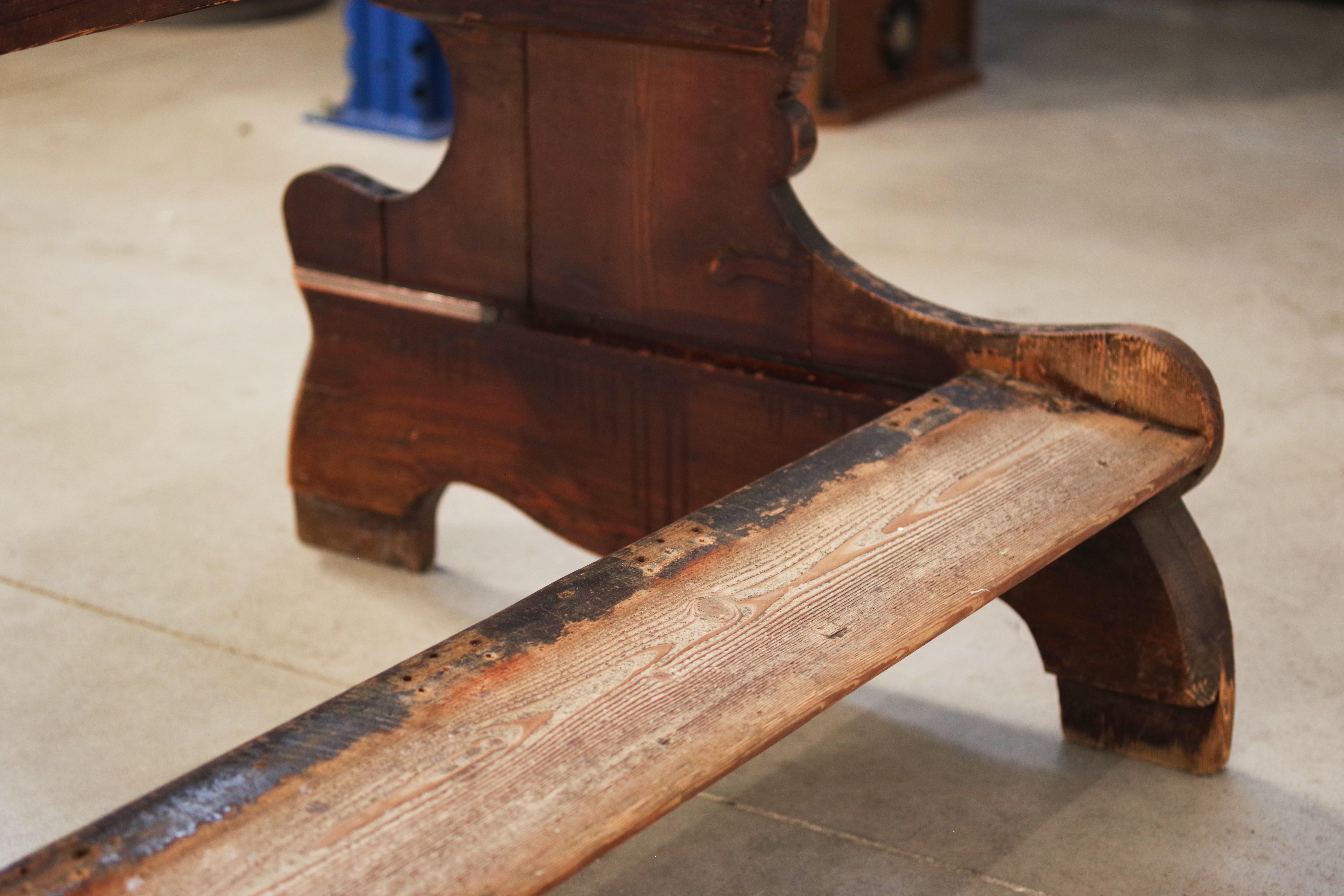 Antique Gothic Church Benches, Late 1800s - Set of 4 Pine Wood Pew Benches For Sale 7