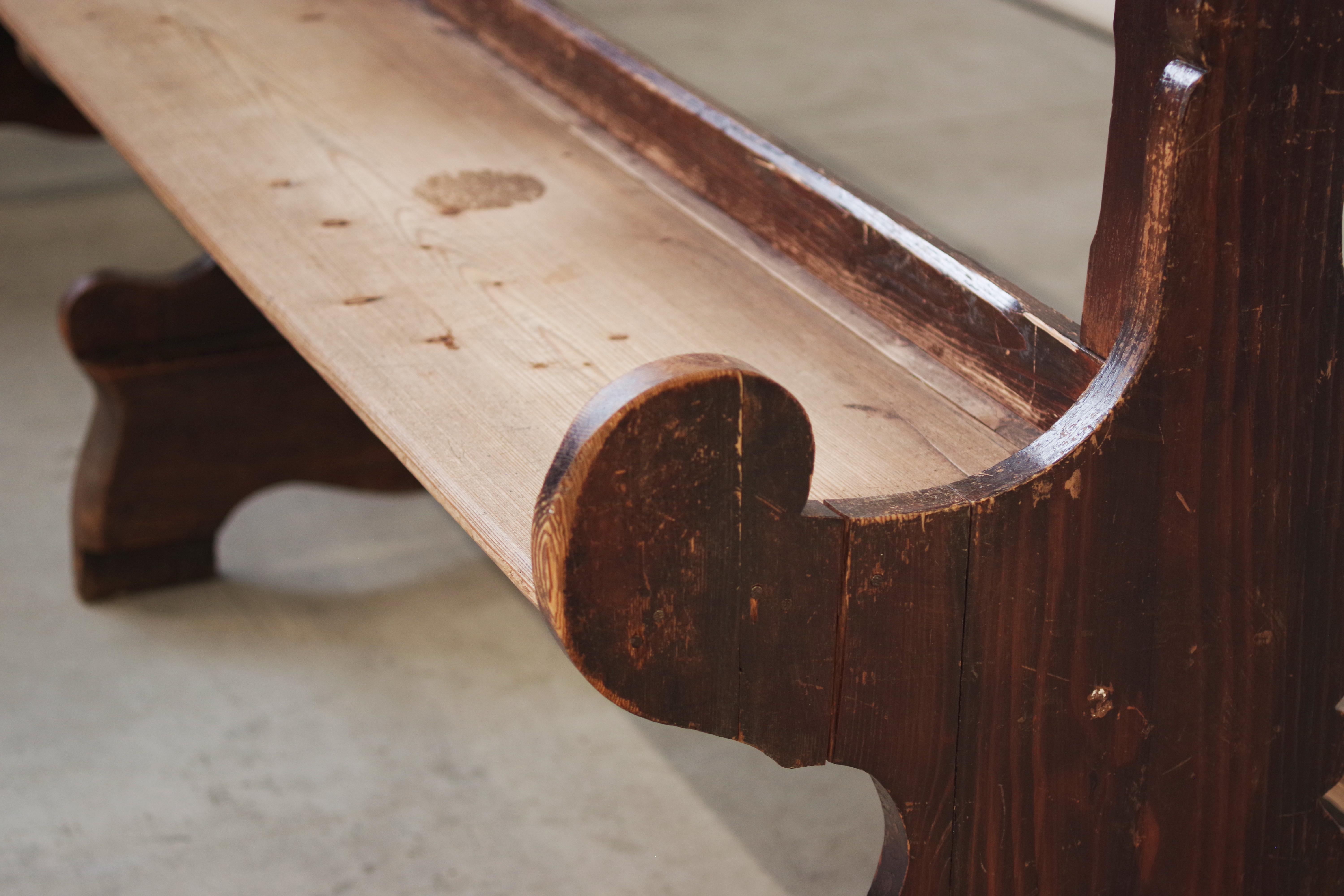 Antique Gothic Church Benches, Late 1800s - Set of 4 Pine Wood Pew Benches For Sale 8