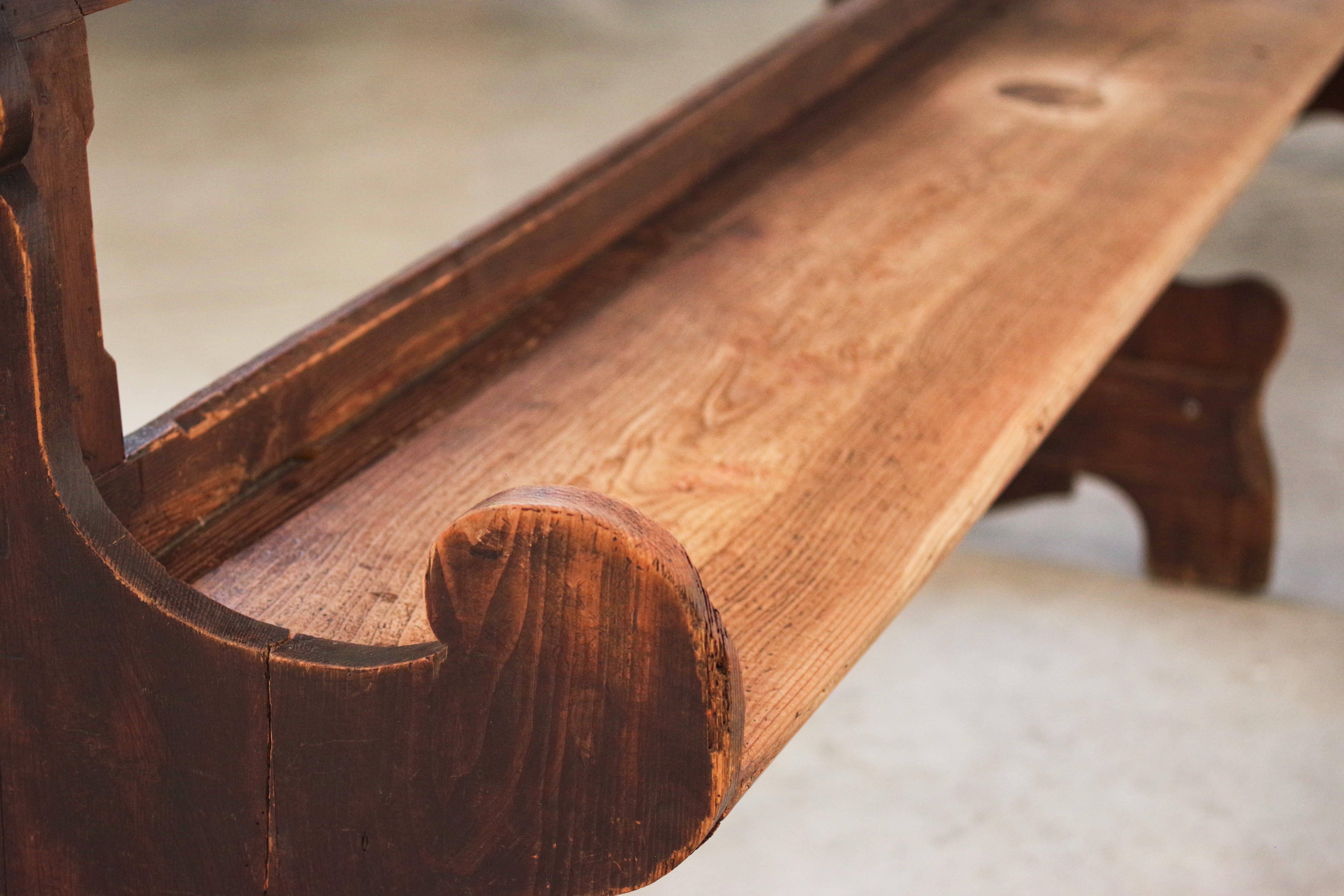 Antique Gothic Church Benches, Late 1800s - Set of 4 Pine Wood Pew Benches For Sale 12