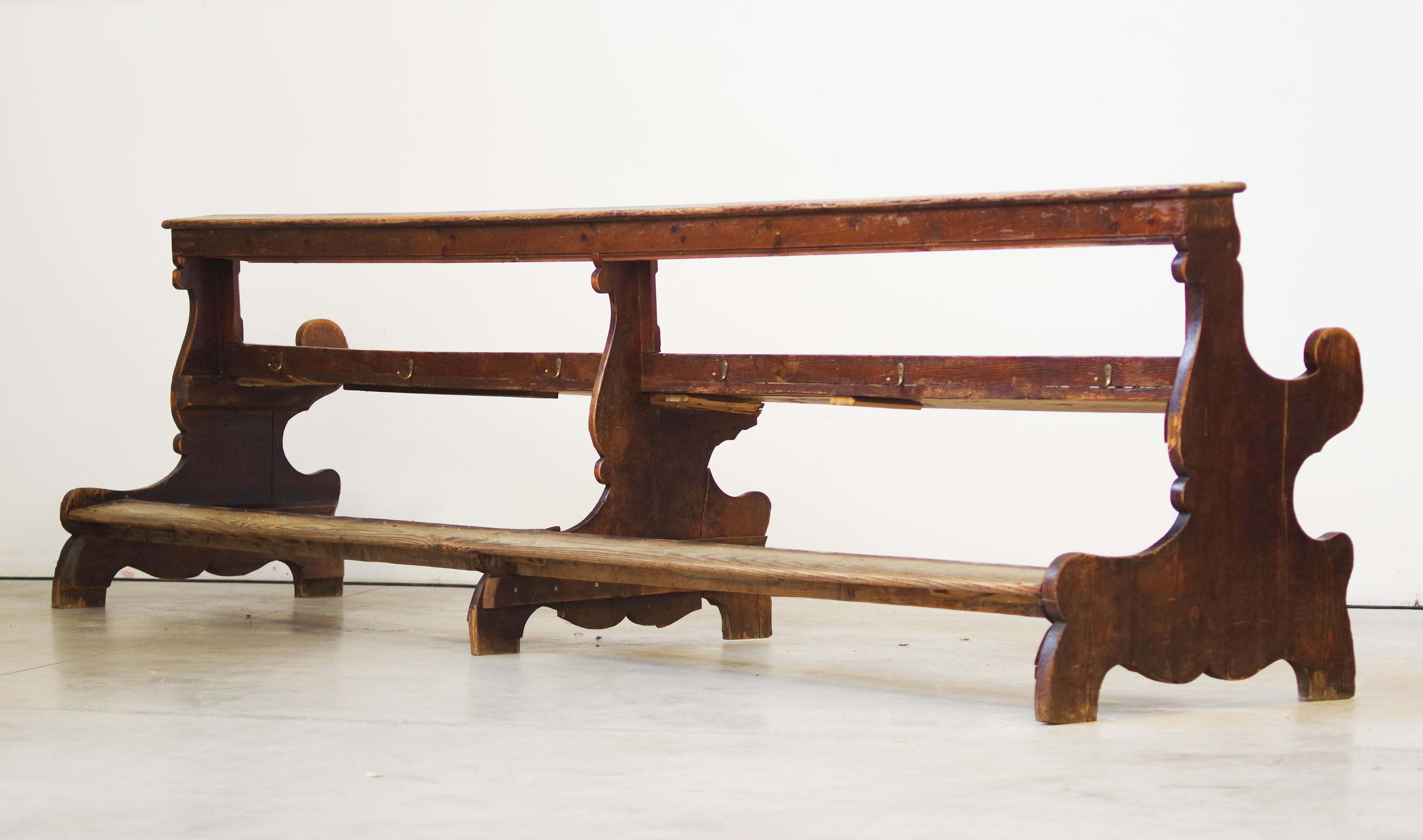Antique Gothic Church Benches, Late 1800s - Set of 4 Pine Wood Pew Benches For Sale 13