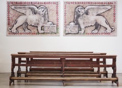 Antique Gothic Church Benches, Late 1800s - Set of 4 Pine Wood Pew Benches