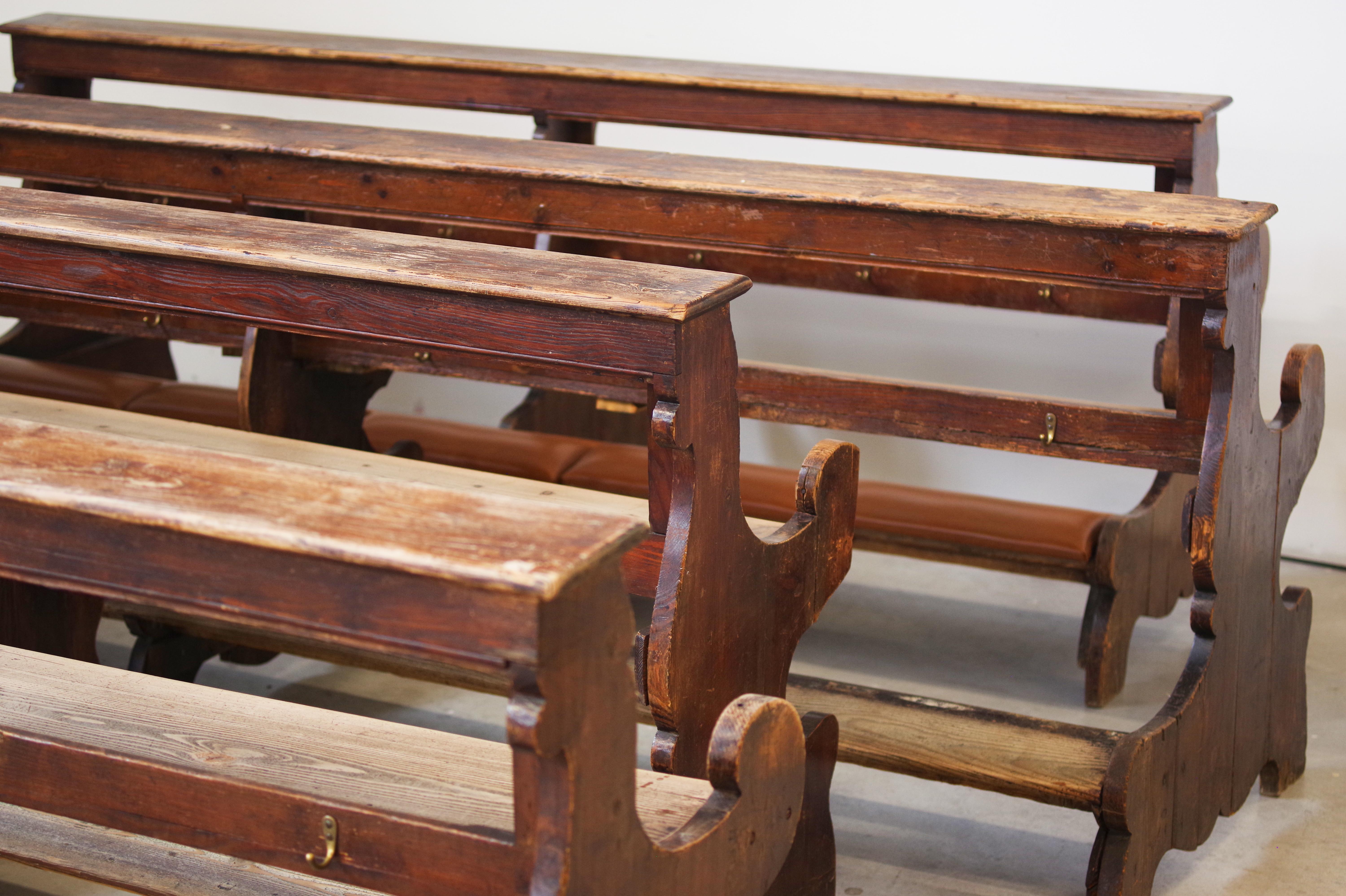 Italian Antique Gothic Church Benches, Late 1800s - Set of 4 Pine Wood Pew Benches For Sale