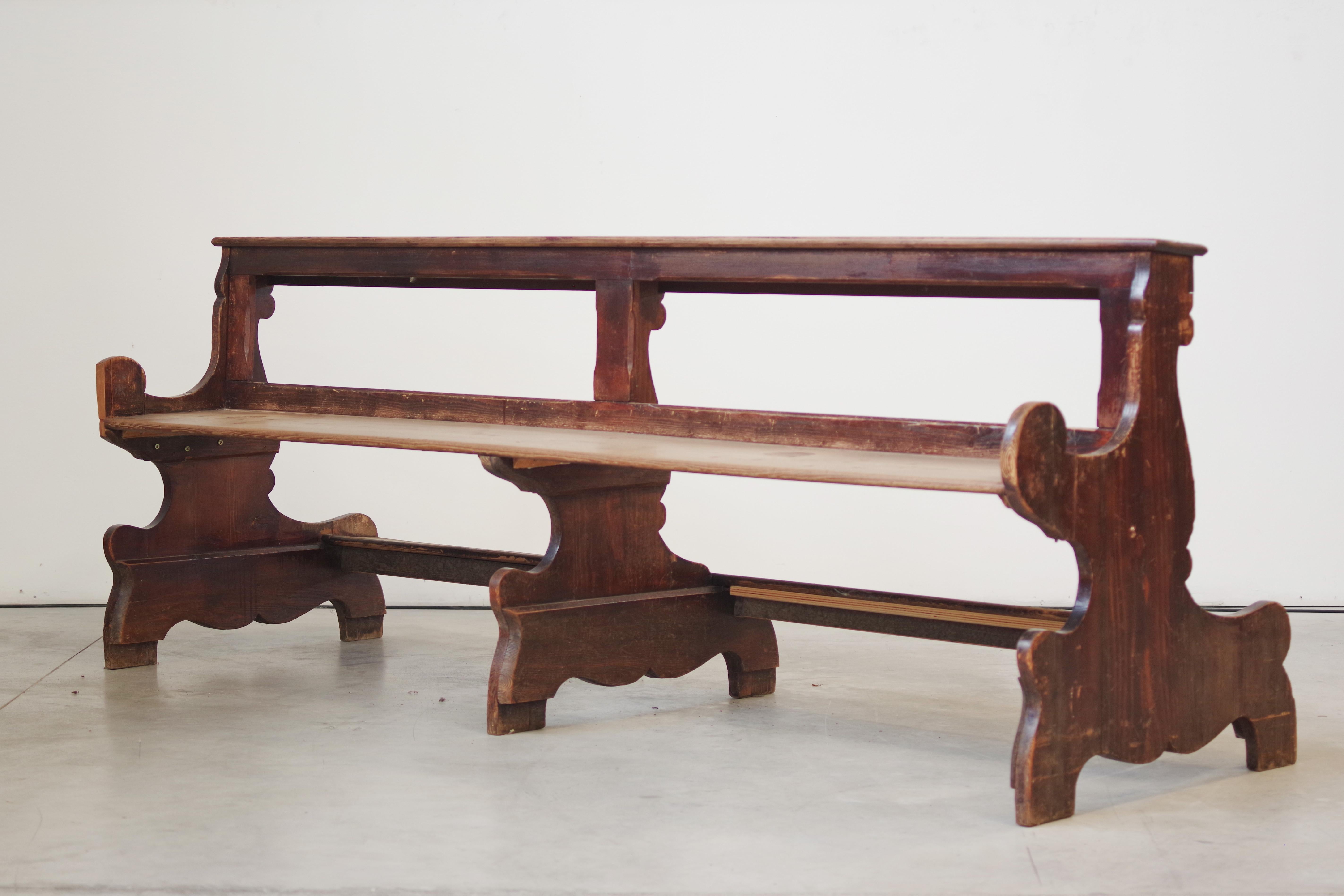 Antique Gothic Church Benches, Late 1800s - Set of 4 Pine Wood Pew Benches For Sale 4