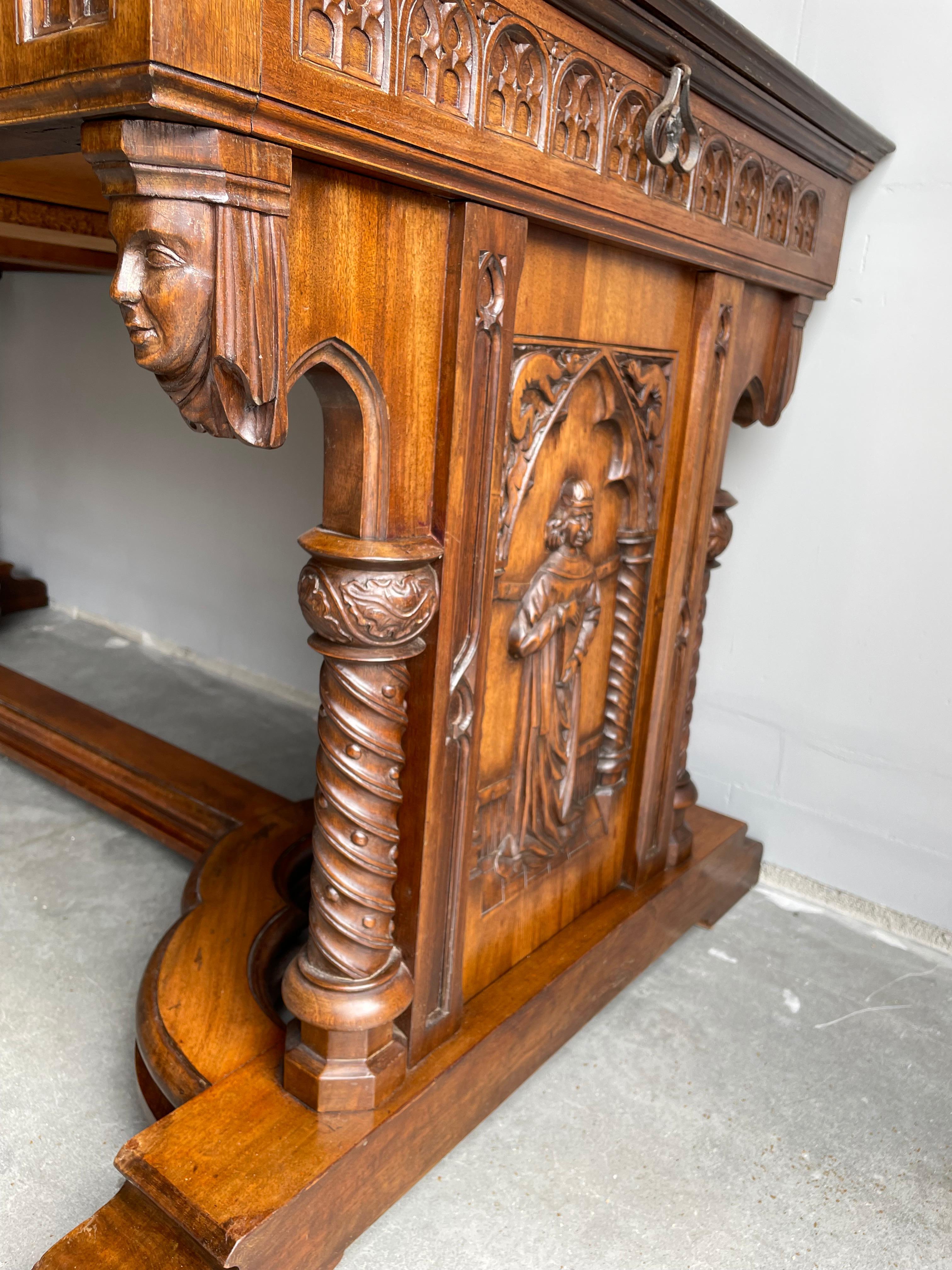 Iron Antique Gothic Desk w. Hand Carved Church Windows, Holy Men, Chimeras & Drawers For Sale