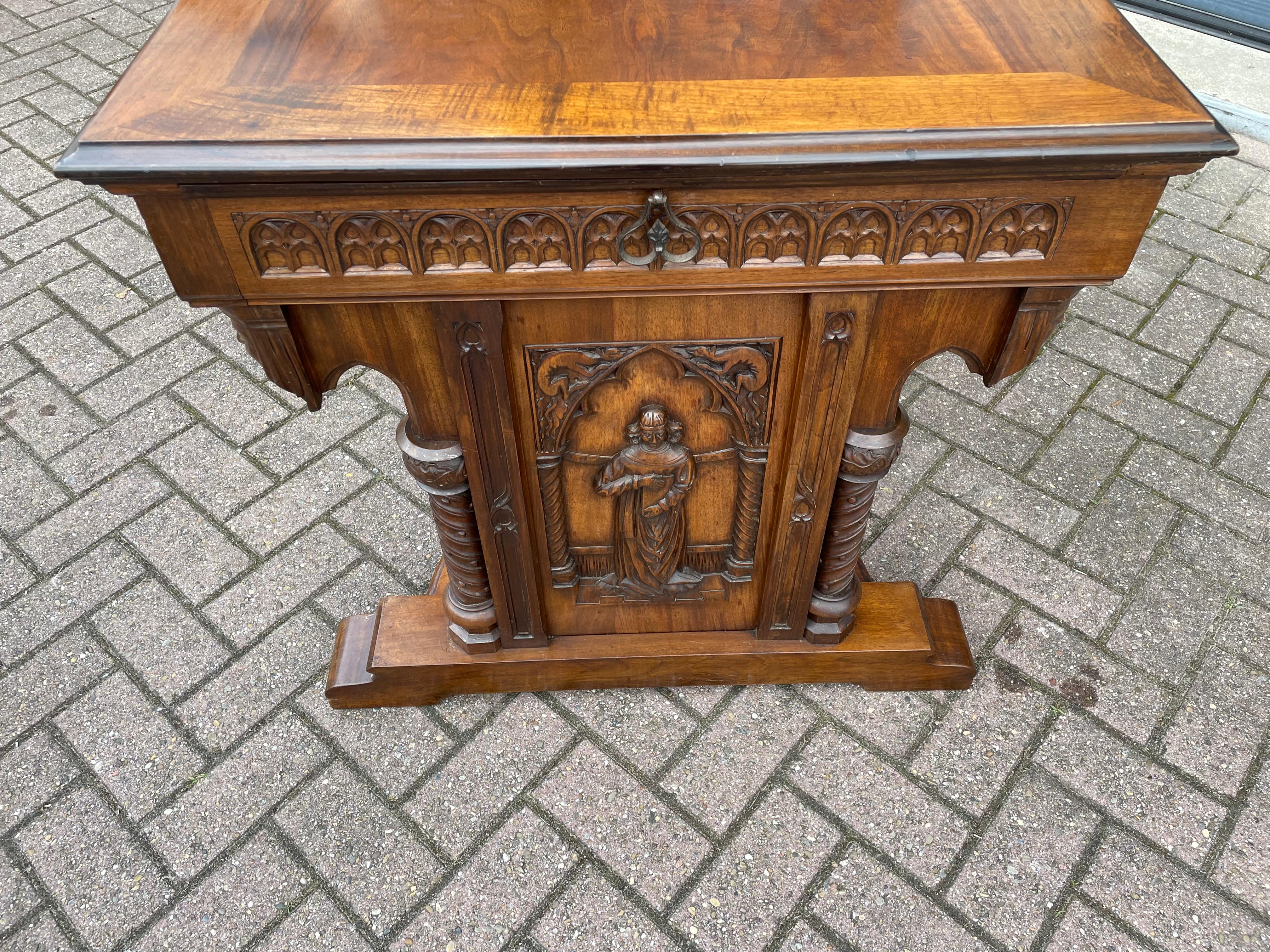 Antique Gothic Desk w. Hand Carved Church Windows, Holy Men, Chimeras & Drawers For Sale 1