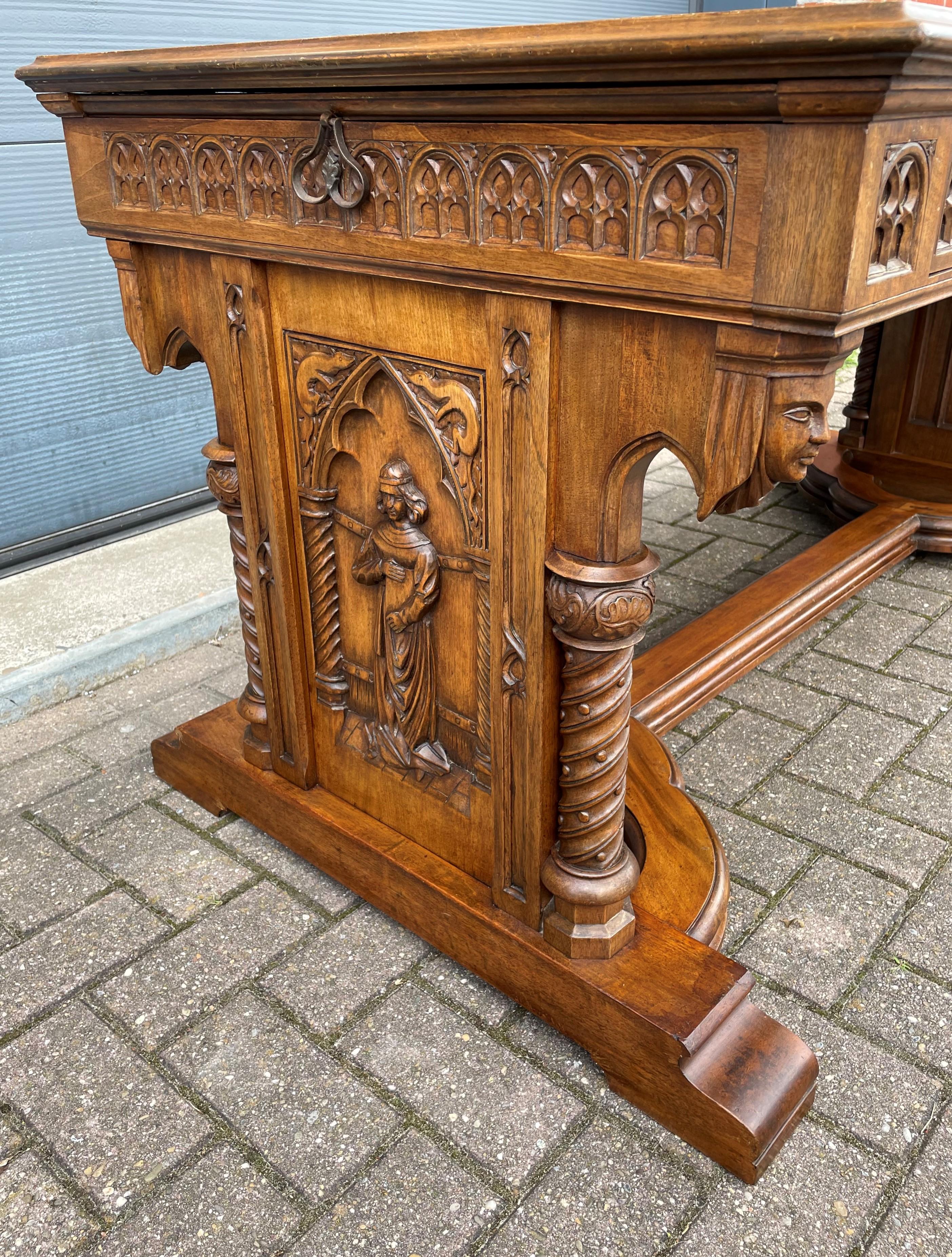 Antique Gothic Desk w. Hand Carved Church Windows, Holy Men, Chimeras & Drawers For Sale 7