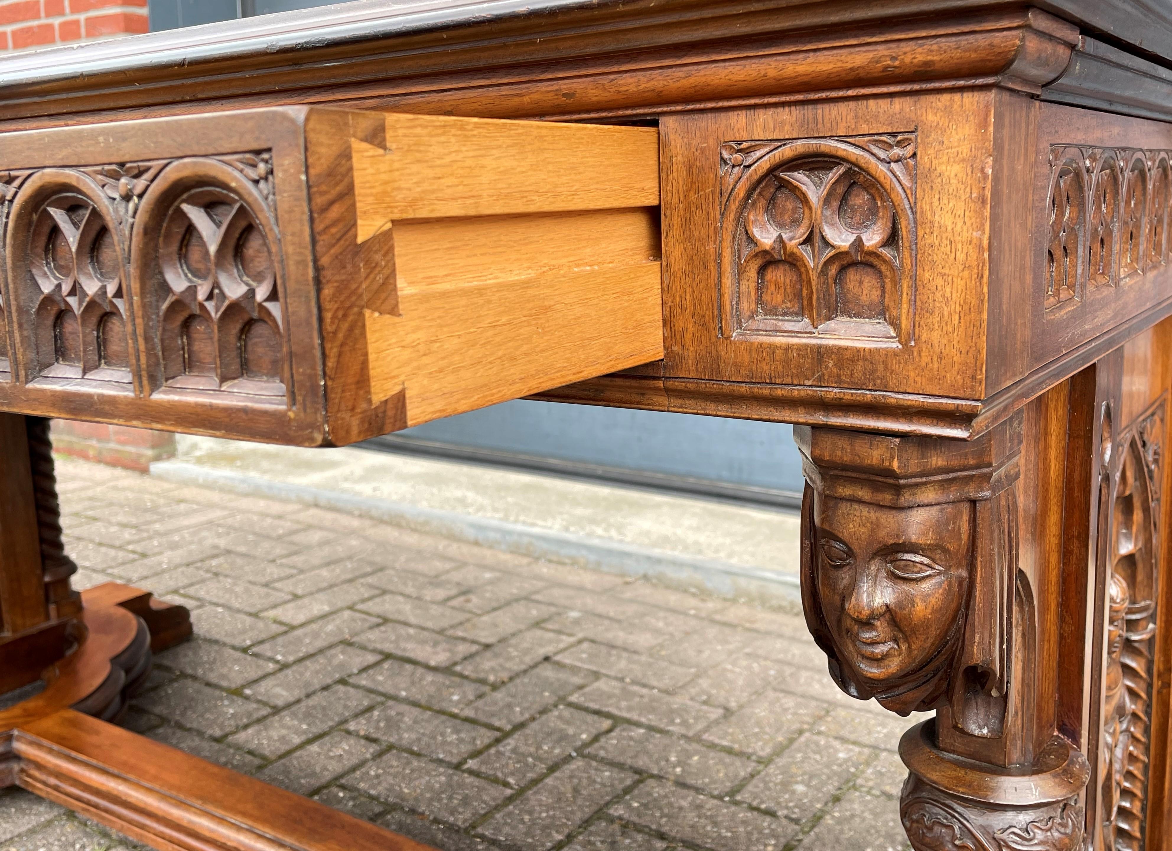 Antique Gothic Desk w. Hand Carved Church Windows, Holy Men, Chimeras & Drawers For Sale 8