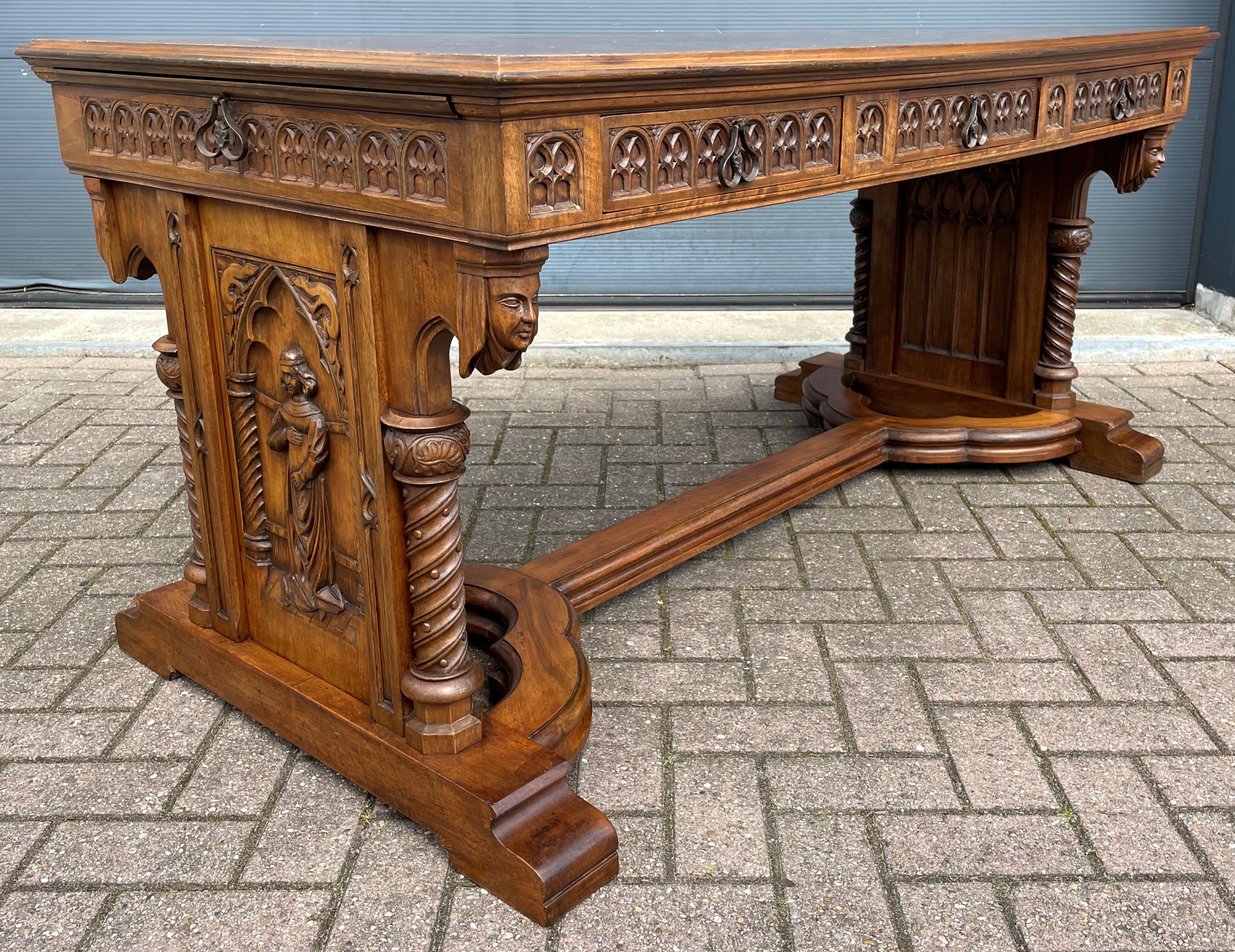 20th Century Antique Gothic Desk w. Hand Carved Church Windows, Holy Men, Chimeras & Drawers For Sale