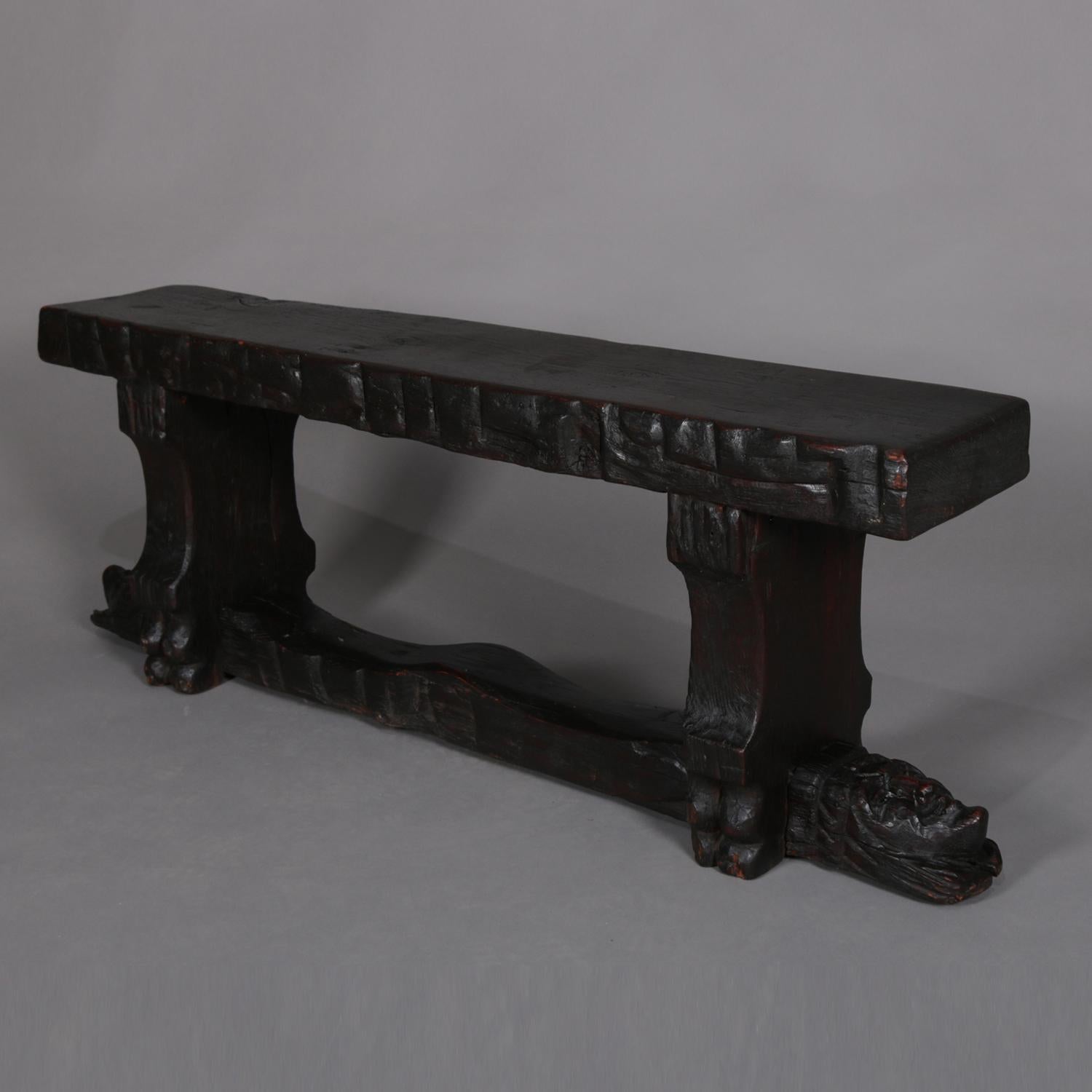 Antique Gothic Figural Carved Oak Monk Bench, circa 1920 5