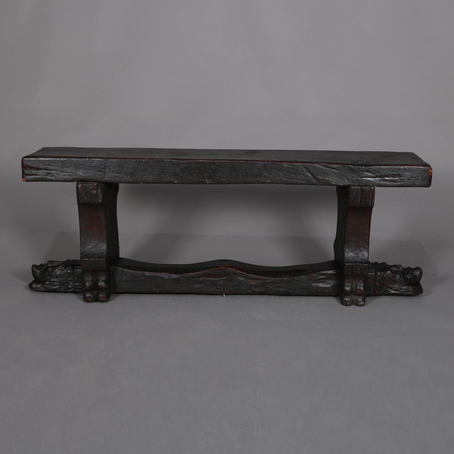 Gothic Revival Antique Gothic Figural Carved Oak Monk Bench, circa 1920