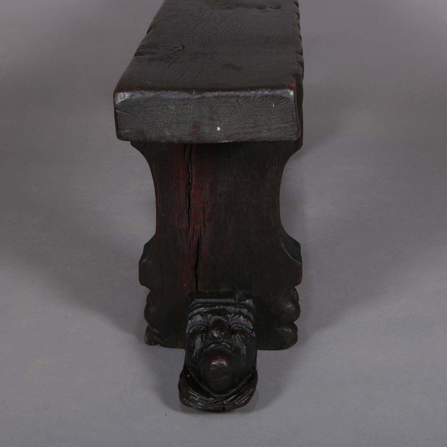 Antique Gothic Figural Carved Oak Monk Bench, circa 1920 In Good Condition In Big Flats, NY