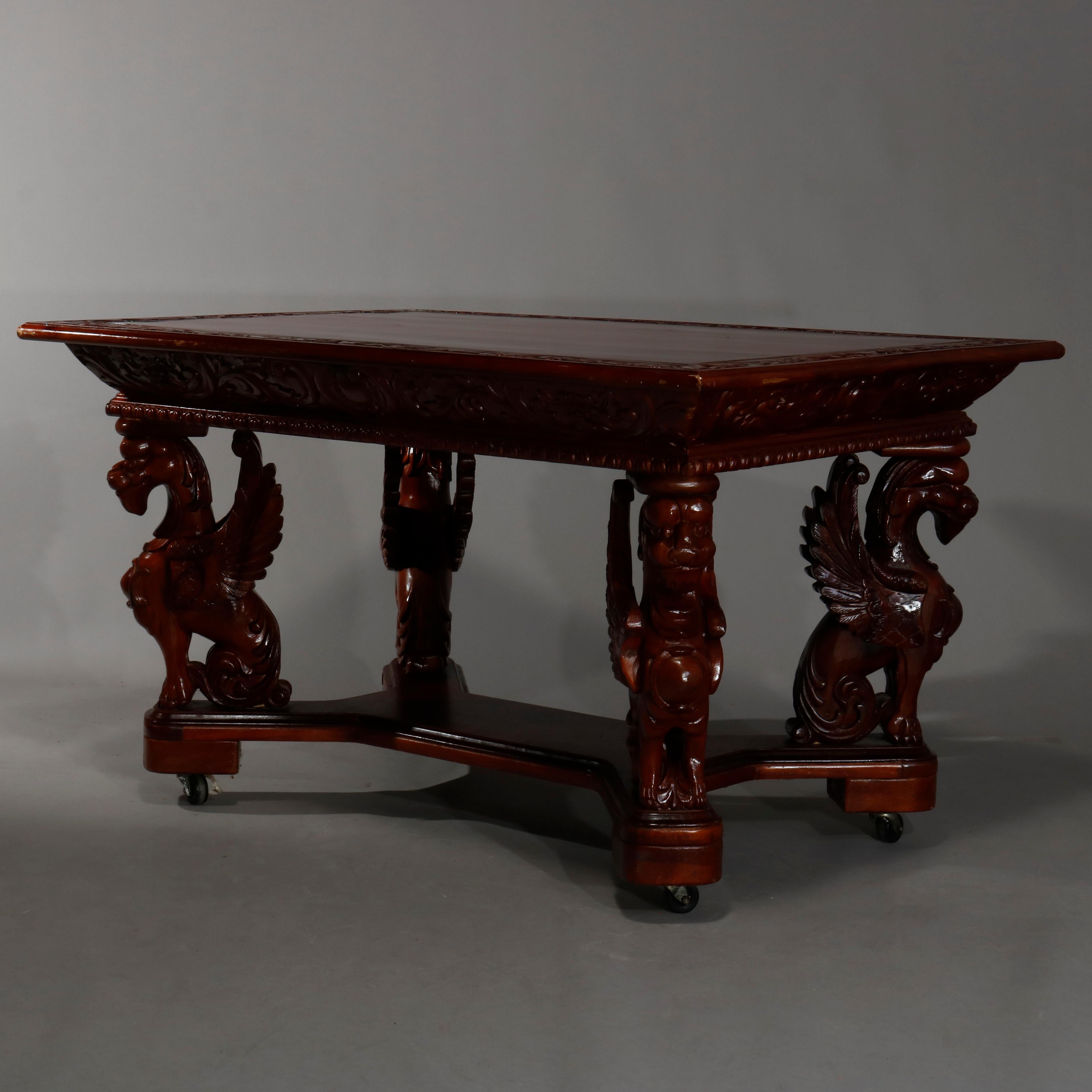 Antique Gothic Figural Griffin Carved Mahogany Library Table, 20th Century In Good Condition In Big Flats, NY
